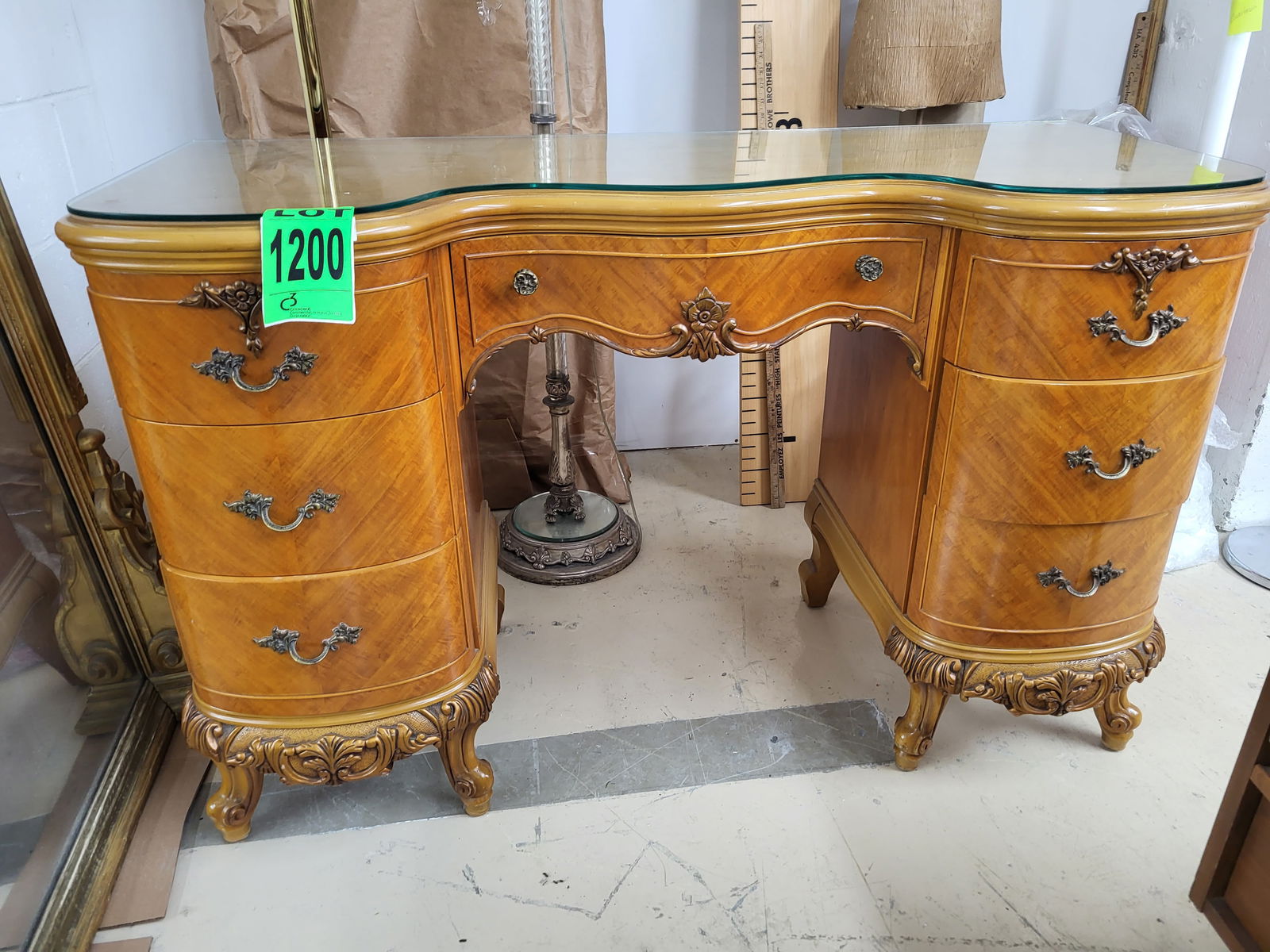 French Provincial Vanity & Dresser with carvings and ornate handles, glass top (1 of 2)