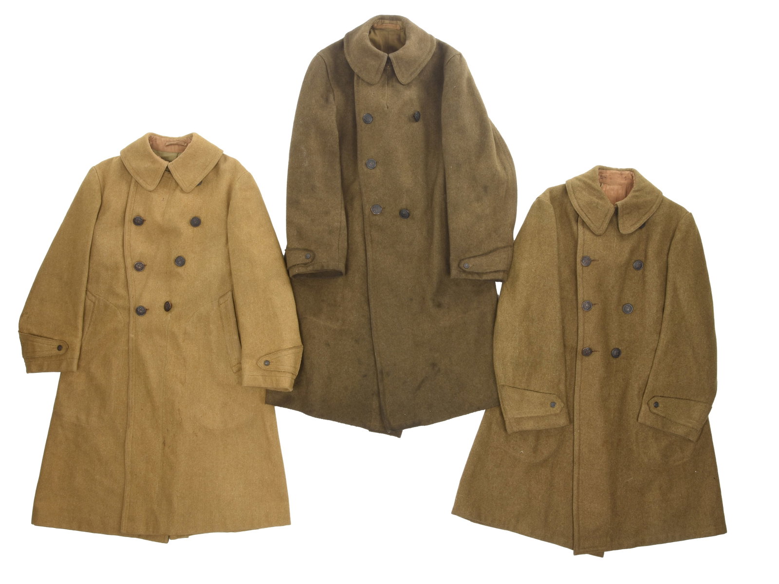 WWI US Army Enlisted Overcoats: Lot of Three: WWI US Army Enlisted Overcoats: Lot of Three Lot of three US 1917 pattern enlisted issue olive drab wool overcoats. These demonstrate the variety of OD wool shades in use, ranging from 'mustard khaki'