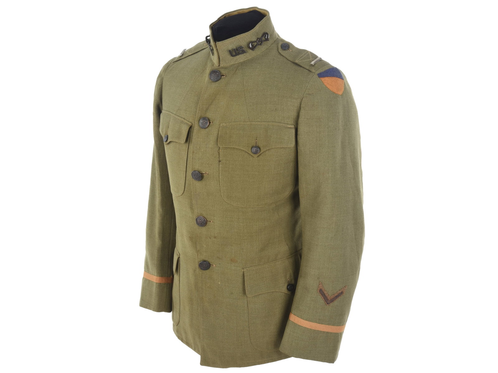 WWI US Army Chemical Corps Officer's Uniform: WWI US Army Chemical Corps Officer's Uniform Private purchase light olive drab wool twill uniform; coat has "US" and Chemical Corps officer's bronze collar devices, one overseas service chevron, and C