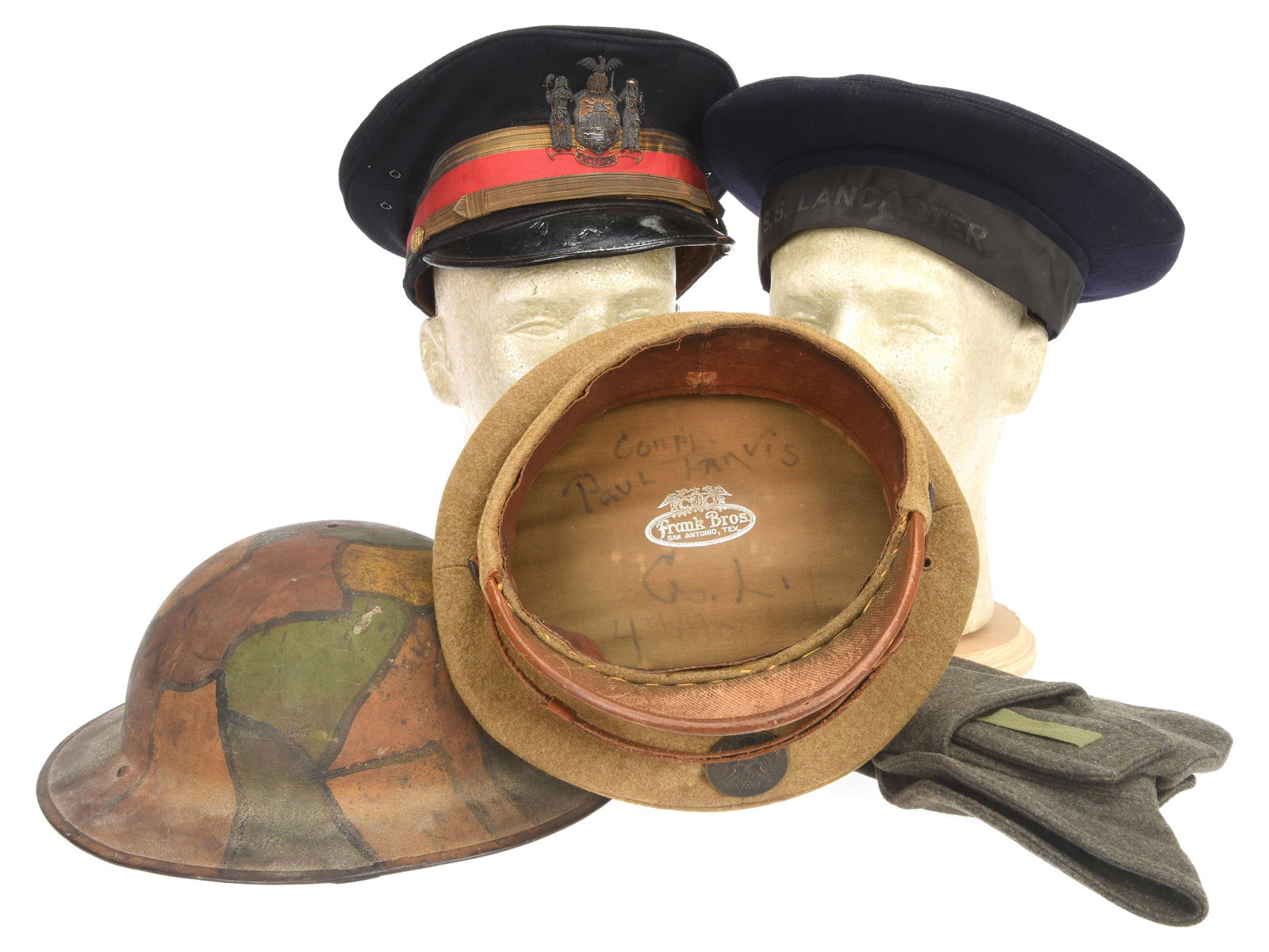 US WWI Headgear Lot: Camo Helmet, Navy Flat Hat, Army Visor, NY Officer Visor & USMC Winter Hat: US WWI Headgear Lot: Camo Helmet, Navy Flat Hat, Army Visor, NY Officer Visor & USMC Winter Hat Includes a US M1917 helmet shell which has a good original camouflage painted finish; interior lacks lin