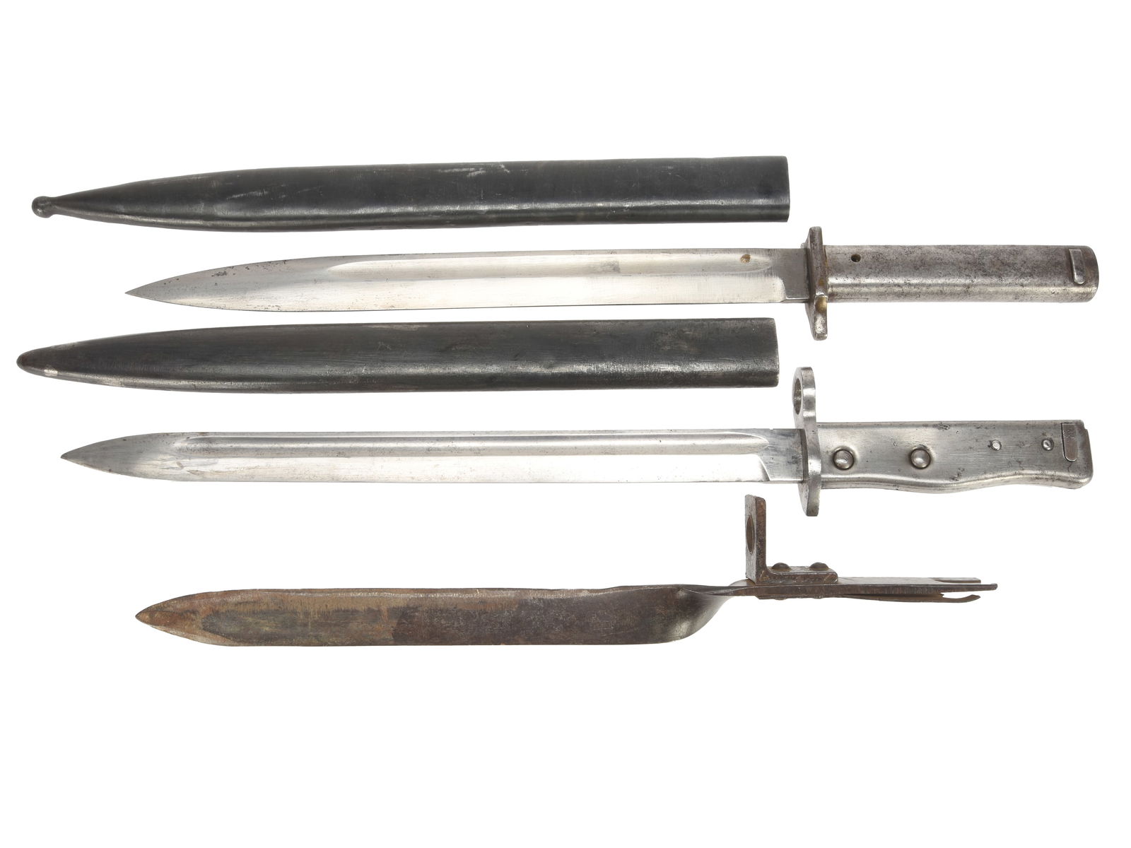 German & Austrian WWI Ersatz Bayonet Lot: Three Bayonets including one Post-War Belgian Bayonet: German & Austrian WWI Ersatz Bayonet Lot: Three Bayonets including one Post-War Belgian Bayonet Includes one Austrian ersatz twist blade bayonet: 36cm (14-1/8") overall, all steel construction with tw