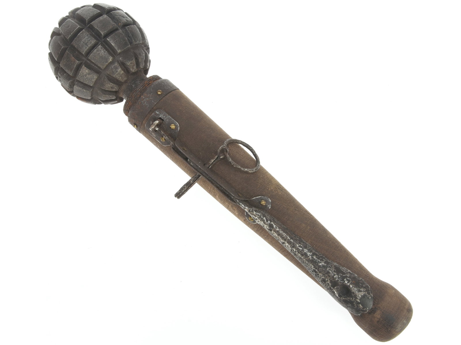 Imperial German Early WWI Defensive Stick Grenade With 'Spoon Lever' Ignitor: Imperial German Early WWI Defensive Stick Grenade With 'Spoon Lever' Ignitor INERT Model 1915 defensive stick grenade with ‘spoon’ lever ignitor. Segmented kugelhandgranate warhead retains traces 