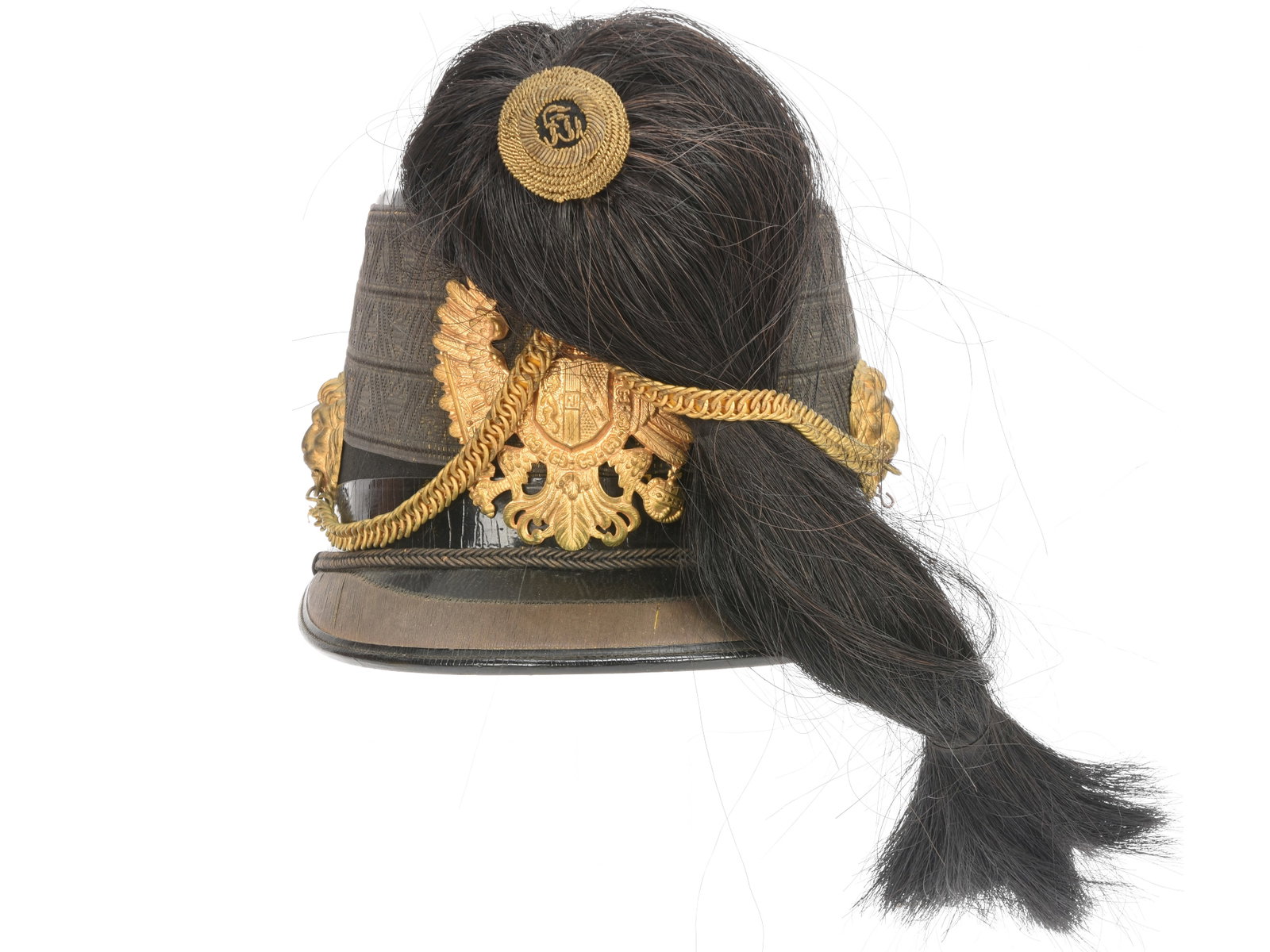 Austro-Hungarian Artillery Shako for Senior Officers: Austro-Hungarian Artillery Shako for Senior Officers M1878 shako has lion bosses on either side supporting a gilt finished brass chain, which with the horsehair plume distinguishes it from the nearly 
