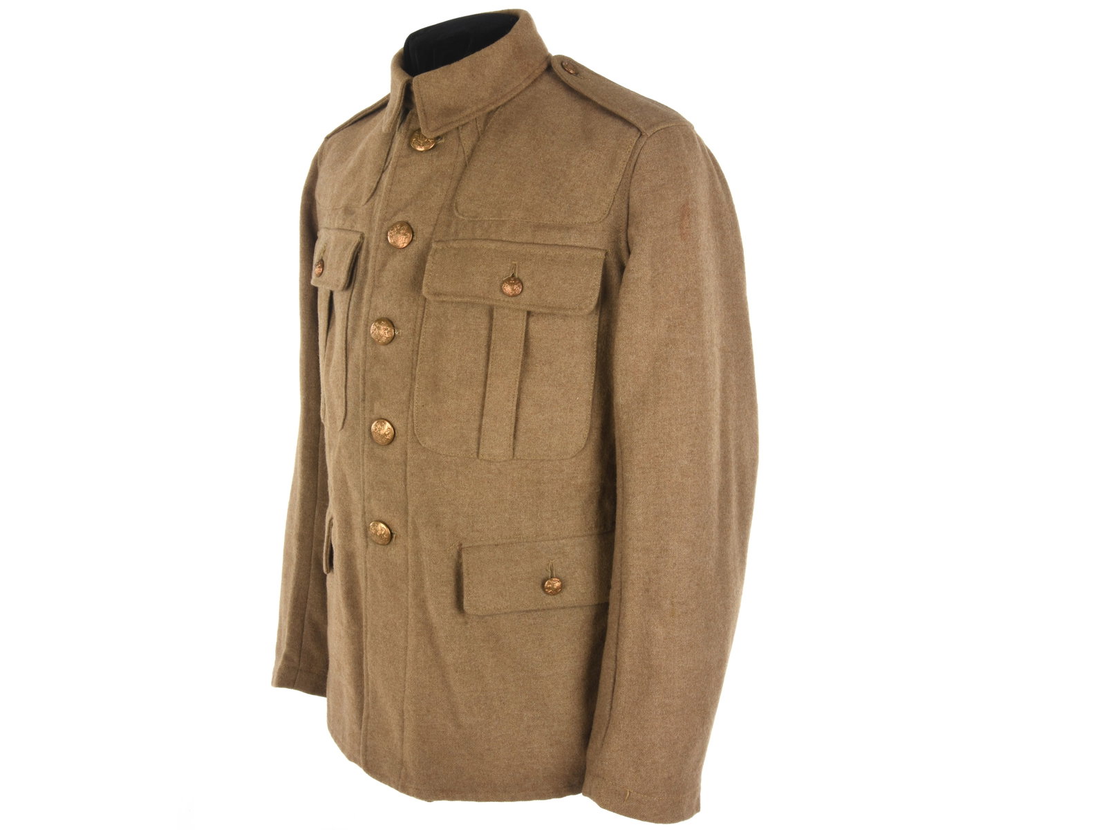 British WWI Pattern 07 Enlisted Service Jacket w/ Paper Label: British WWI Pattern 07 Enlisted Service Jacket w/ Paper Label Pattern 1907 khaki wool service dress jacket has five-button front closure with British general service buttons, no sign of collar insigni