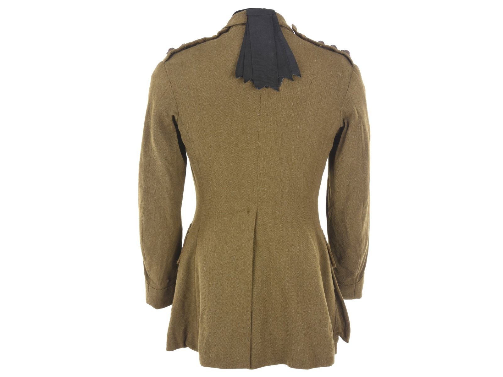 British WWI Royal Welsh Fusiliers Captain's Service Coat: British WWI Royal Welsh Fusiliers Captain's Service Coat An officer's service coat from a premier unit in His Majesty's service. Khaki olive wool twill open-lapel coat has subdued Captain rank pips on