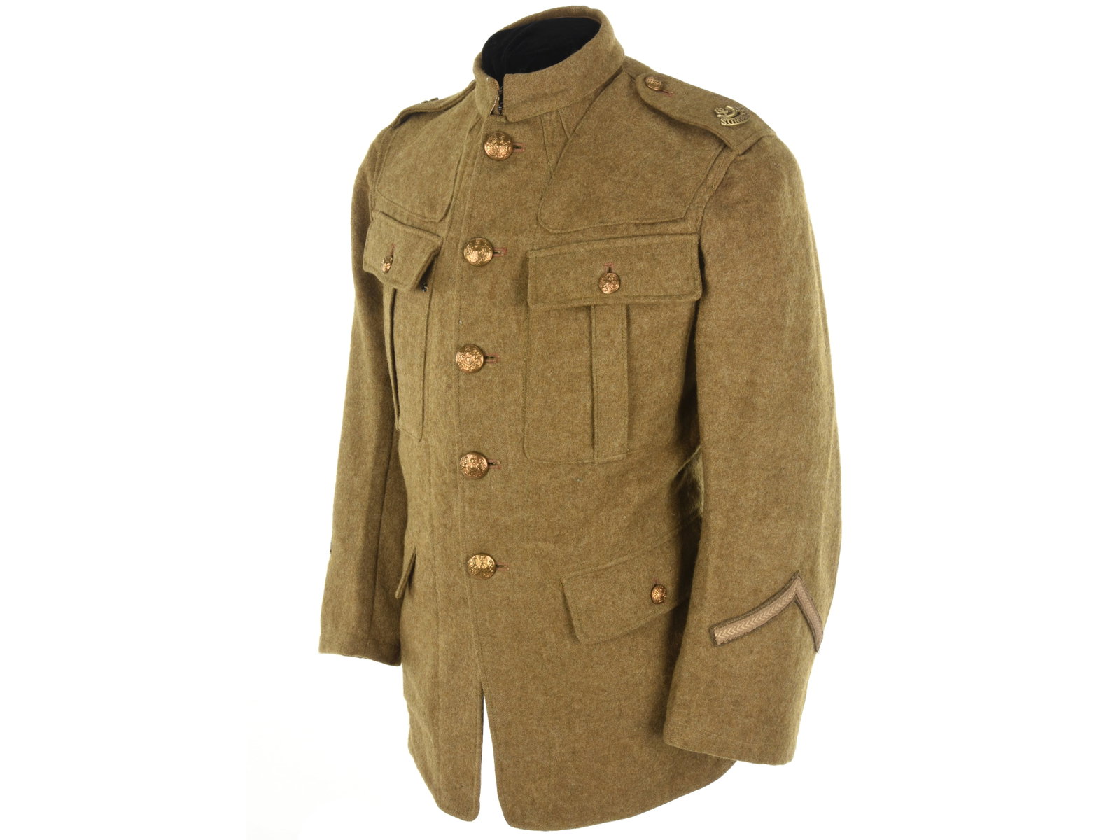 British WWI Somerset Light Infantry Soldier's Identified P07 Service Coat: British WWI Somerset Light Infantry Soldier's Identified P07 Service Coat British / Commonwealth Pattern 07 khaki wool five-button service coat has a partially legible soldier's service number, name, 