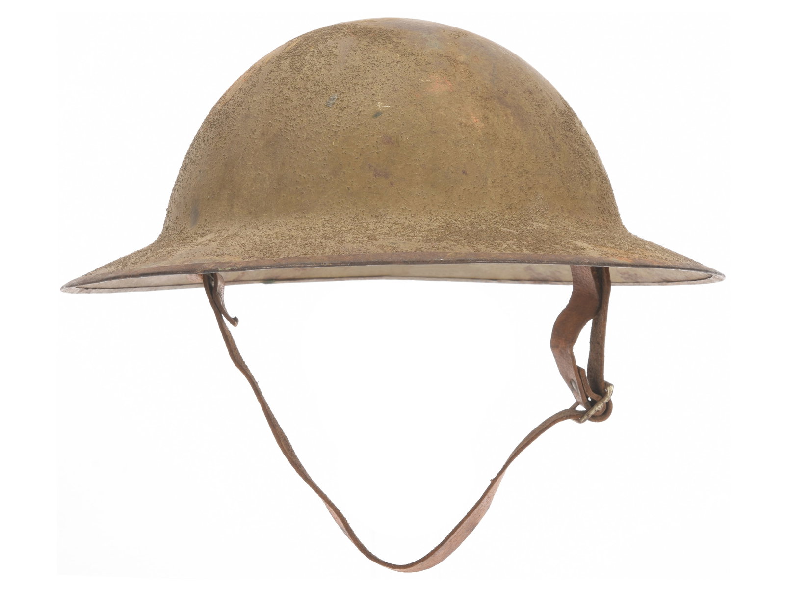 British WWI Helmet: British WWI issue helmet has second pattern Brodies liner with largely intact felt crown pad with instruction tag and a nice pliable brown leather chinstrap. Retains 80%+ textured finish, oxidized pat