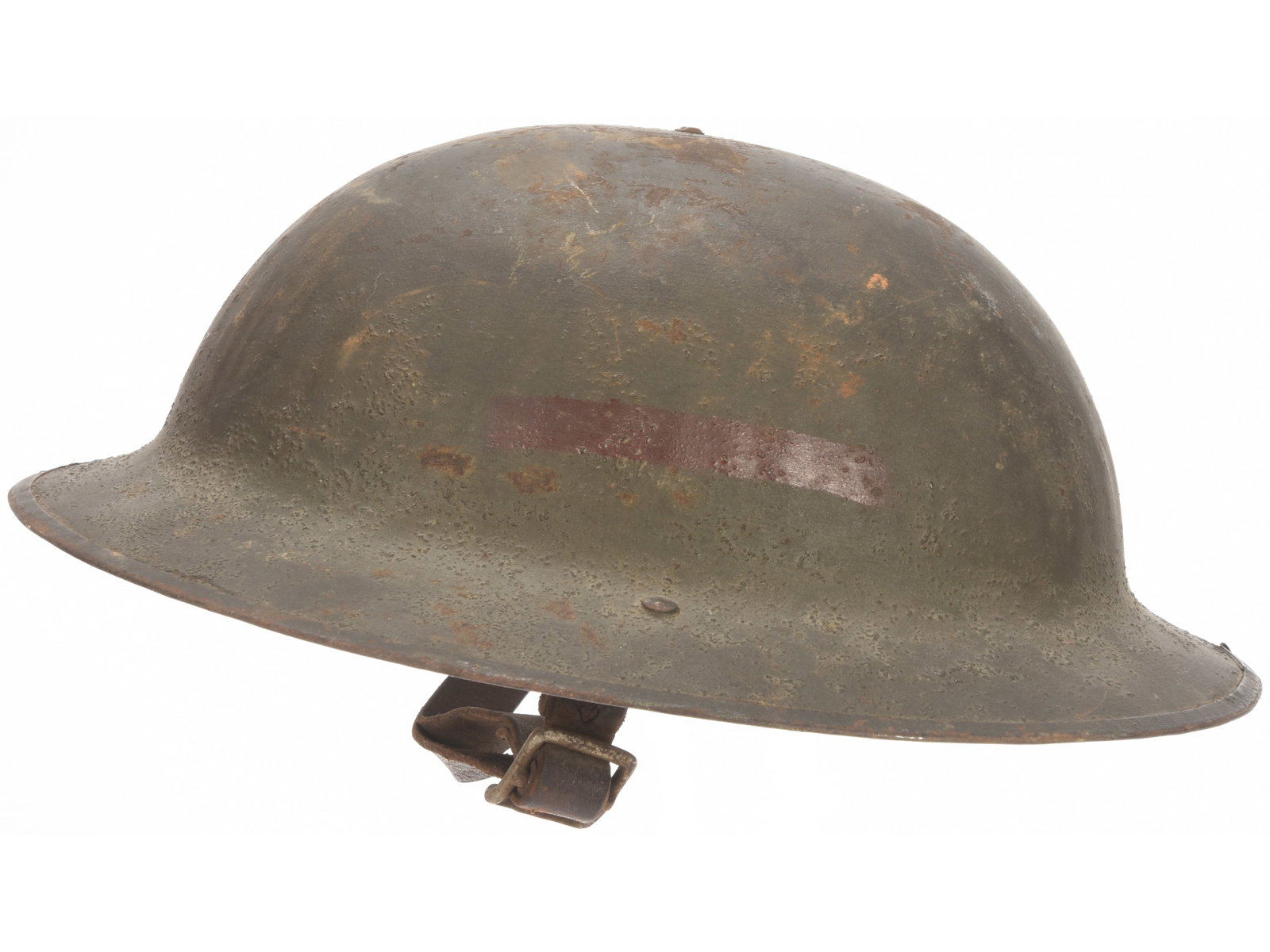 British WWI Helmet with Painted Formation Insignia: British WWI Helmet with Painted Formation Insignia British helmet has dark olive textured finish; sides have clear painted horizontal red line formation signs. Interior has third pattern Brodies liner