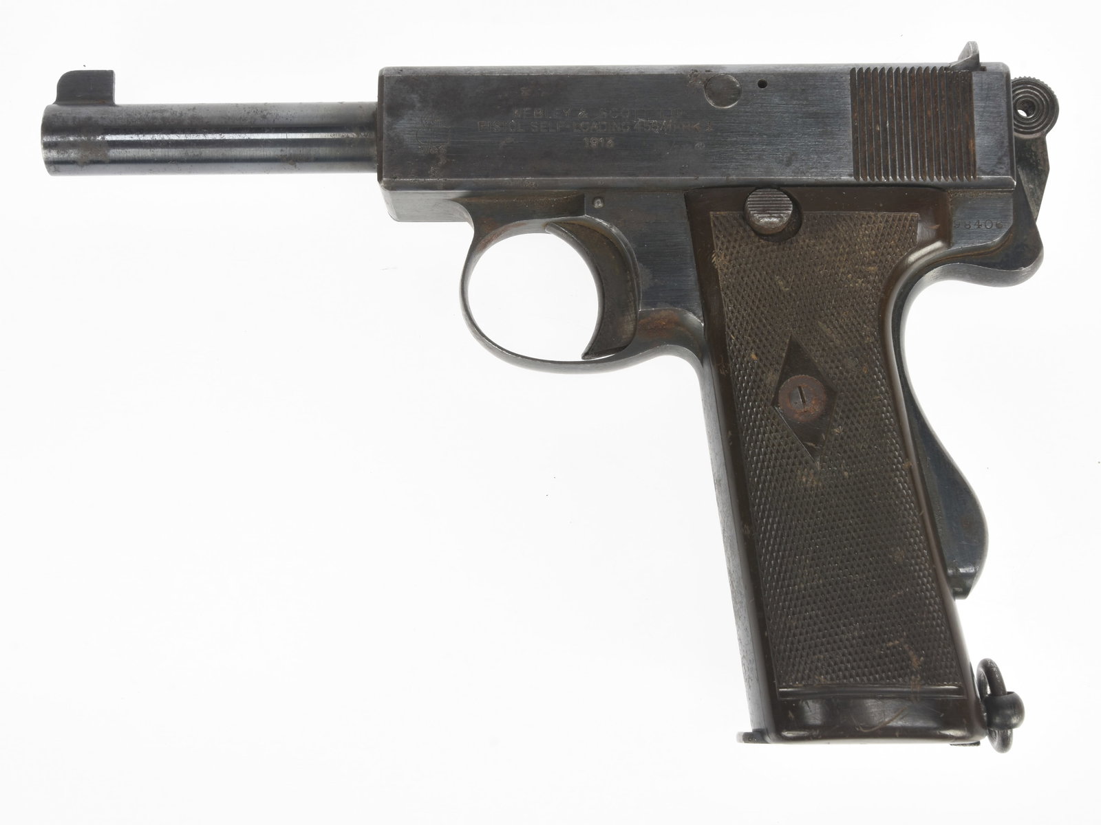 British M1912 Webley & Scott .455 Self Loading Pistol Mark I: British M1912 Webley & Scott .455 Self Loading Pistol Mark I Semi-Automatic Pistol NRA good, with areas of light rust and pitting, ~50% blued finish blended with oxidized patina. Left side of the slid