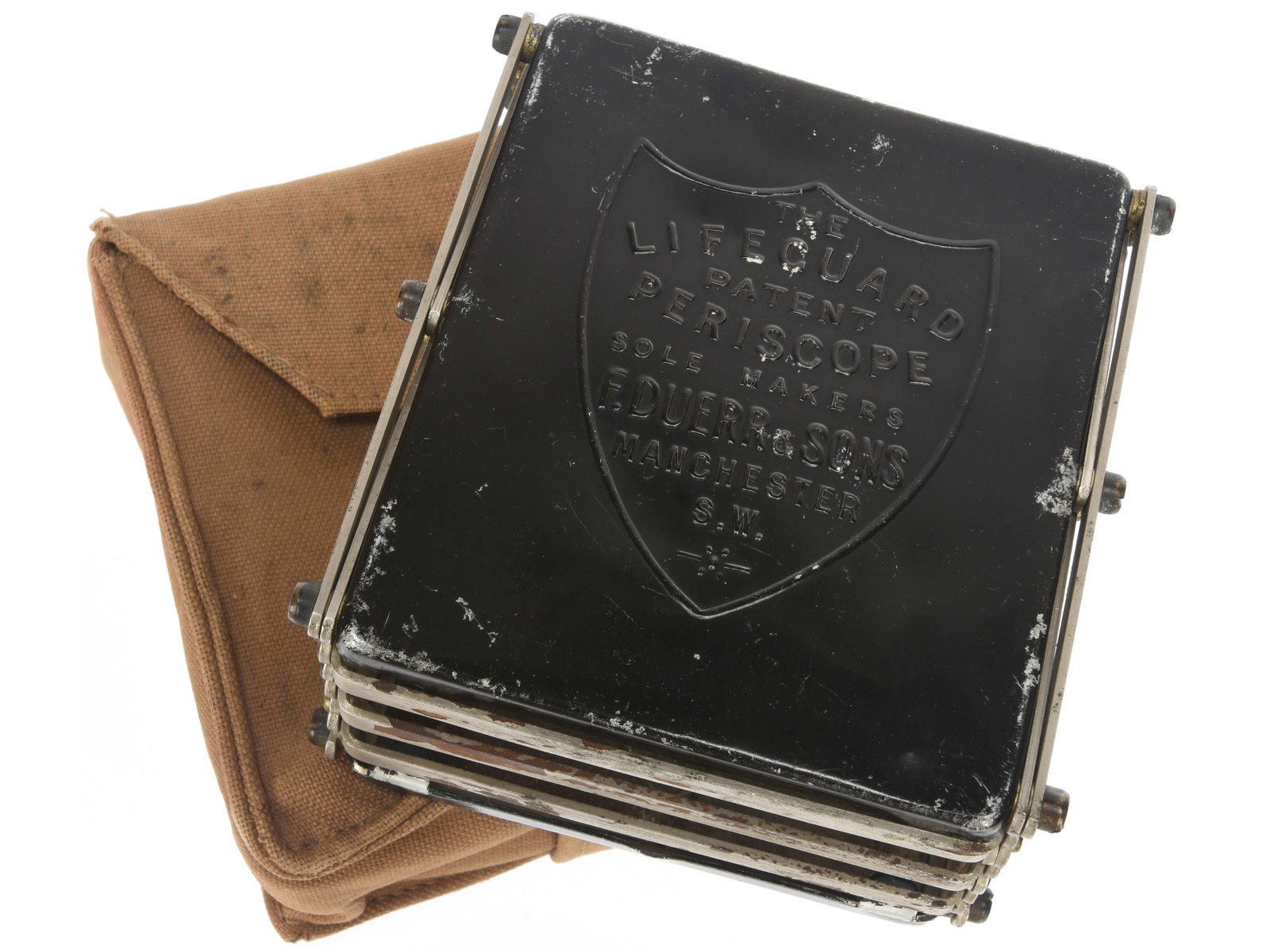 British WWI Soldier's "Lifeguard" Private Purchase Periscope: British WWI Soldier's "Lifeguard" Private Purchase Periscope 5"x5"x2.5" when compacted and stowed in its thick khaki canvas belt case, this extends accordion-style to be a 22.5" tall periscope when de