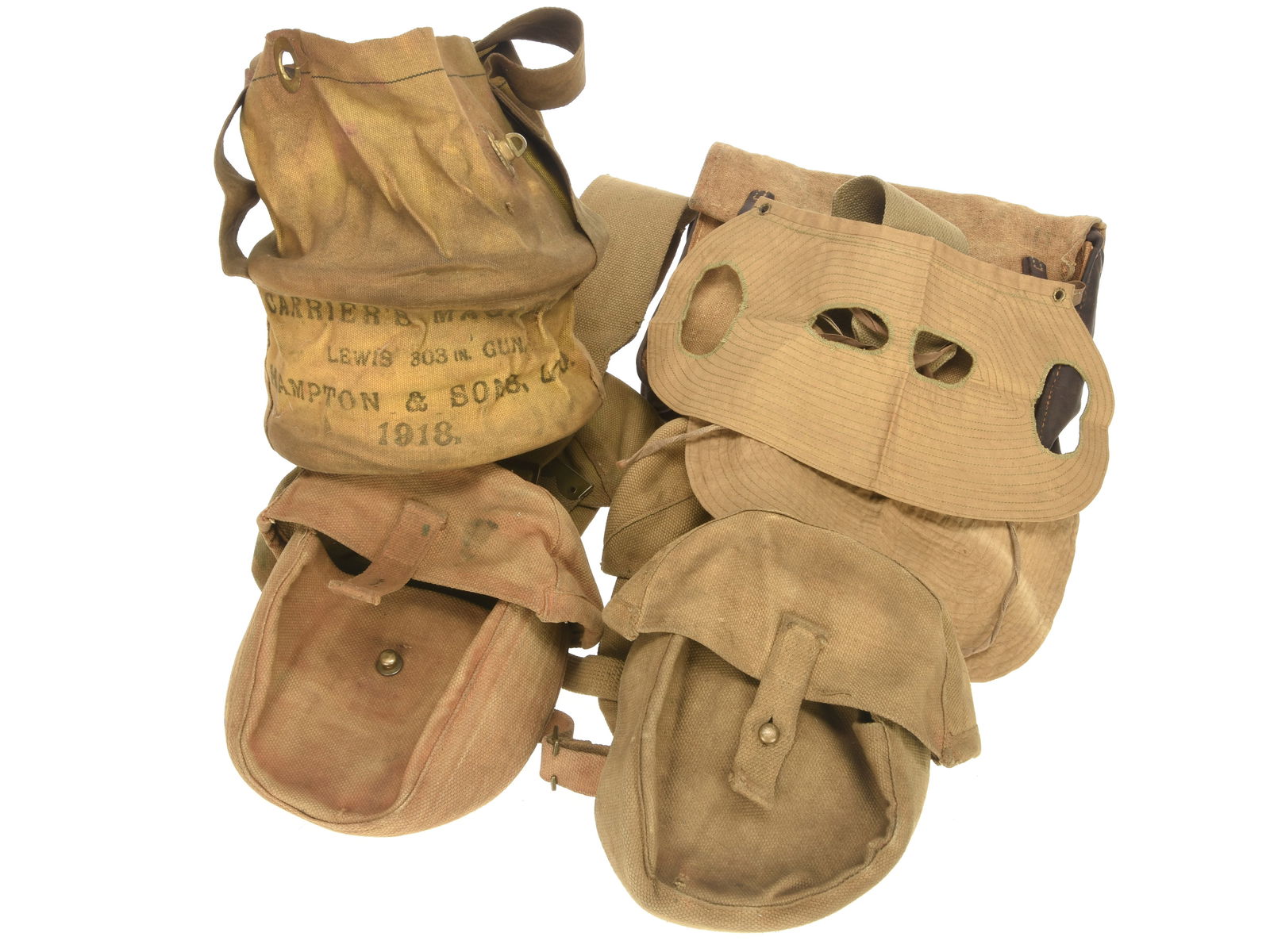 British WWI Machine Gun Accoutrements Lot: British WWI Machine Gun Accoutrements Lot Lot features the very scarce special issue 'Mask, Machine Gunners', which was issued to MG crews firing from fixed positions where it was desirable to camoufl