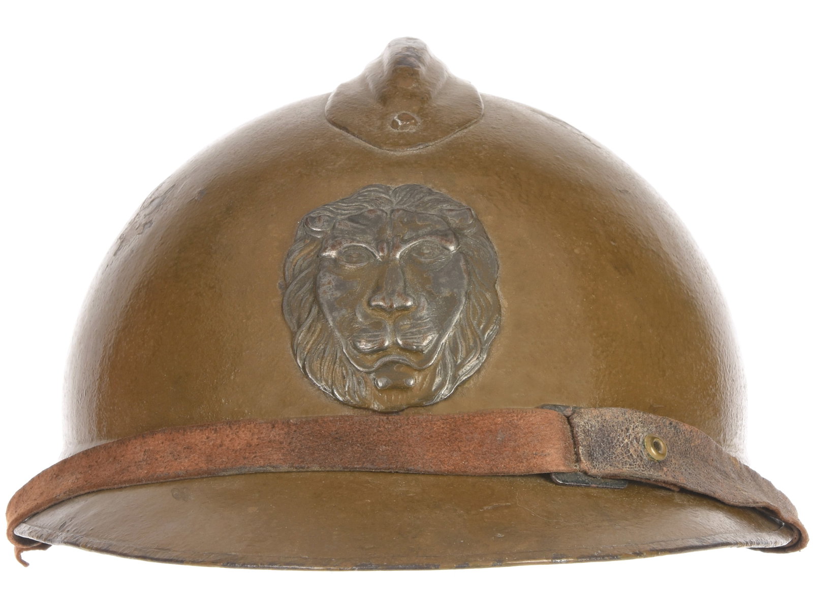 Belgian WWI Adrian Helmet: Belgian WWI Adrian Helmet French made Model 1915 Adrian steel helmet retains 80% khaki painted finish with dark patina visible in the worn areas. Obverse has Belgian lion's head badge. Interior has a 