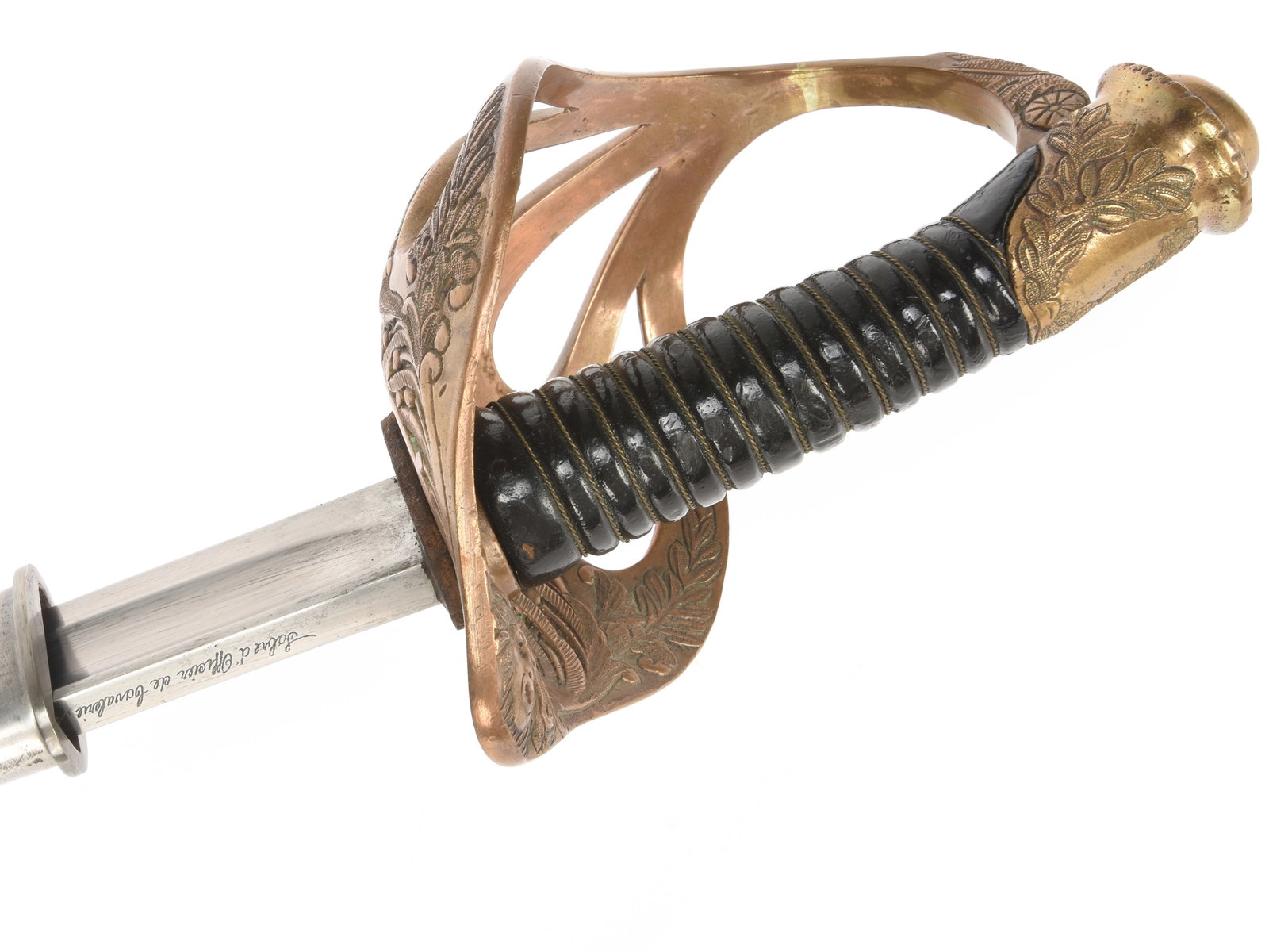 French WWI M1896 Cavalry Officer's Sword: French Model 1896 Cavalry officer's sword has"Manufacture Nationale d'Armes de Chatellerault" 1914 dated maker engraving on the spine. Blade is in very nice condition, retains leather scabbard washer 