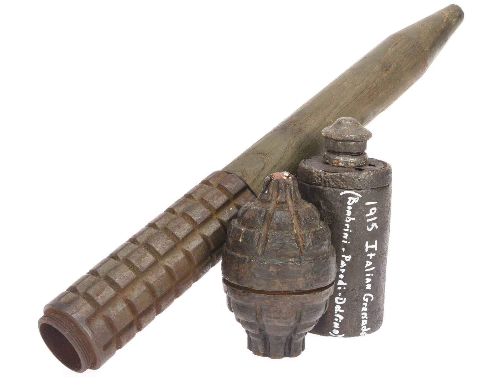 Three Italian WWI Grenade Lot: BPD, Besozzi, and a Stick Grenade: Includes a BPD grenade, an Italian/FrenchWWI Besozzi grenade, and a stick grenade. Italian WWI BPD Grenade, inert, excavated or recovered example. Introduced in late 1915 / early 1916, the Bombrini-Pa