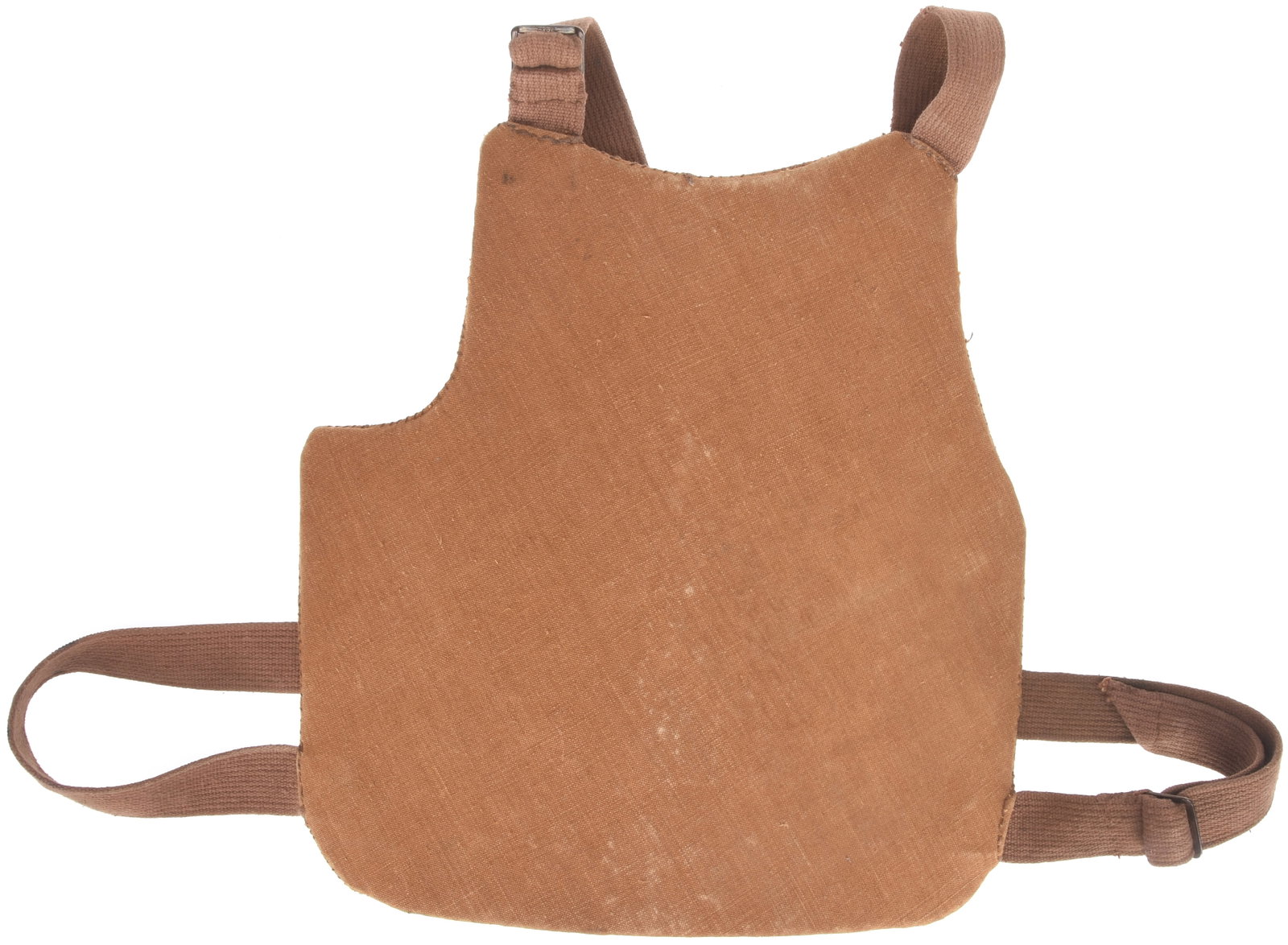 WWI French Made Private Purchase Body Armor: WWI French Made Private Purchase Body Armor 32.5cm x 30.5cm (13" x 12") concavesteel armored plate is profiled to accomodate the wearer's neck, left arm, and firing arm. This is encased in an ocher br