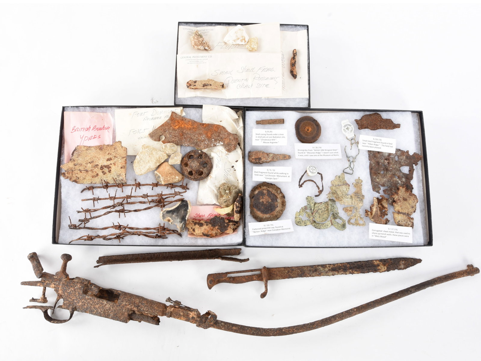 Western Front Battlefield Relic Lot Including Lebel Rifle: Western Front Battlefield Relic Lot Including Lebel Rifle Lot includes two 12" x 16" collector display frames and one 8.5" x 12" frame, filled with shell fragments, bits of corrugated sheet metal from