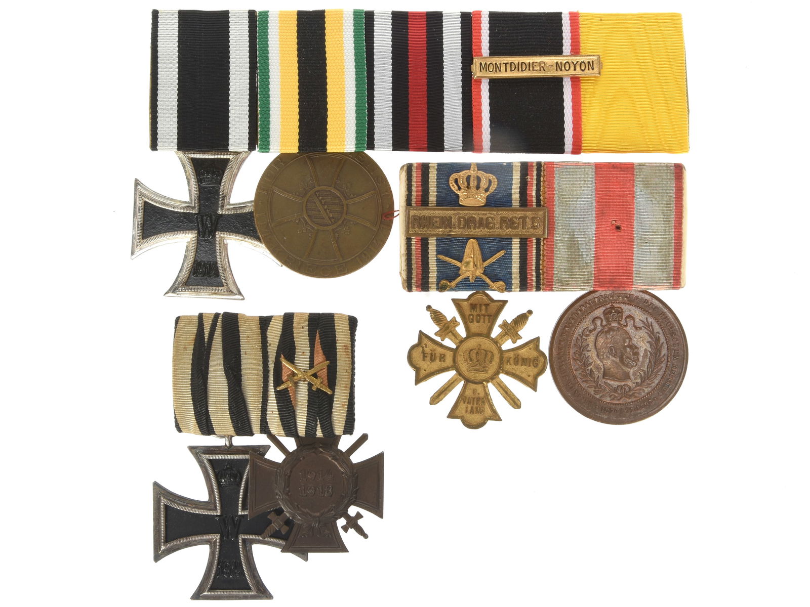 Imperial German WWI Medal Bars: Lot of Three: Imperial German WWI Medal Bars: Lot of Three. Grouping of 3 German World War I period medal bars including: 1.) A 2-medal World War I period bar presenting a World War I period Iron Cross, 2nd Class m
