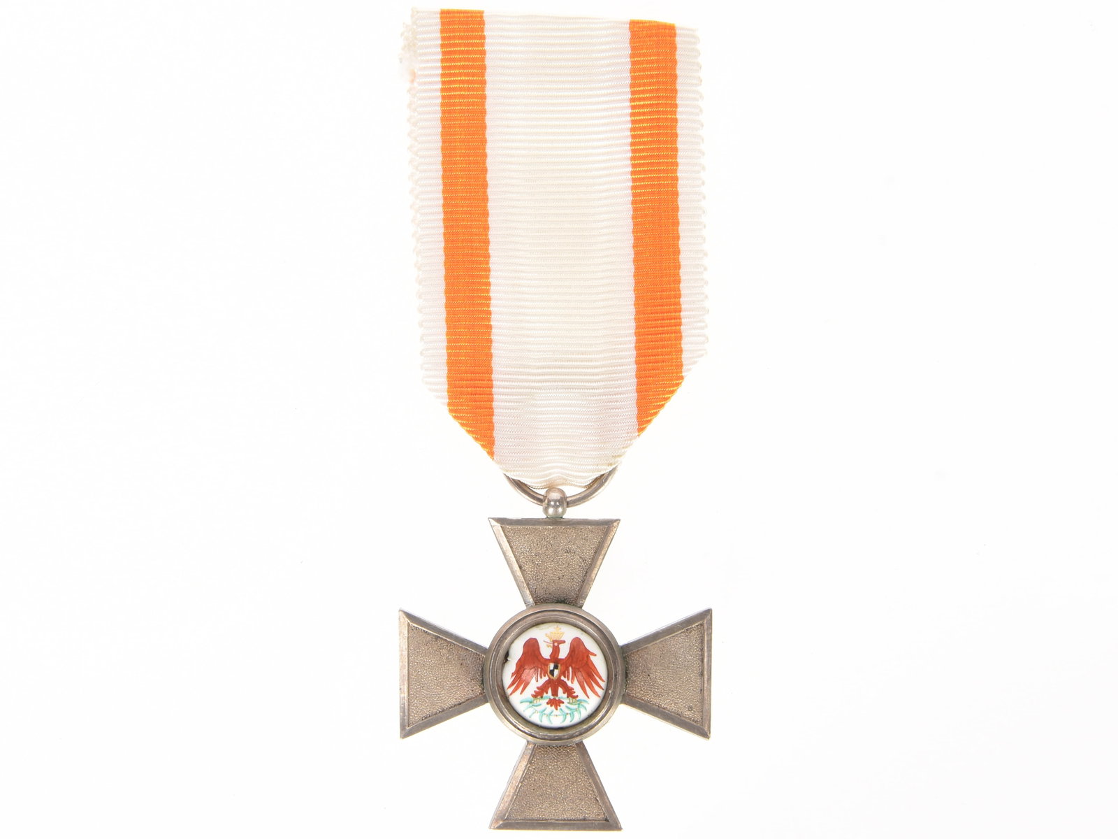 Prussian Order of the Red Eagle - 4th Class: Prussian Order of the Red Eagle - 4th Class Prussian Order of the Red Eagle, 4th class. Medal exhibits small enamel flake at 10 o'clock on central medallion. Medal present proper ribbon. Medal by H.J.
