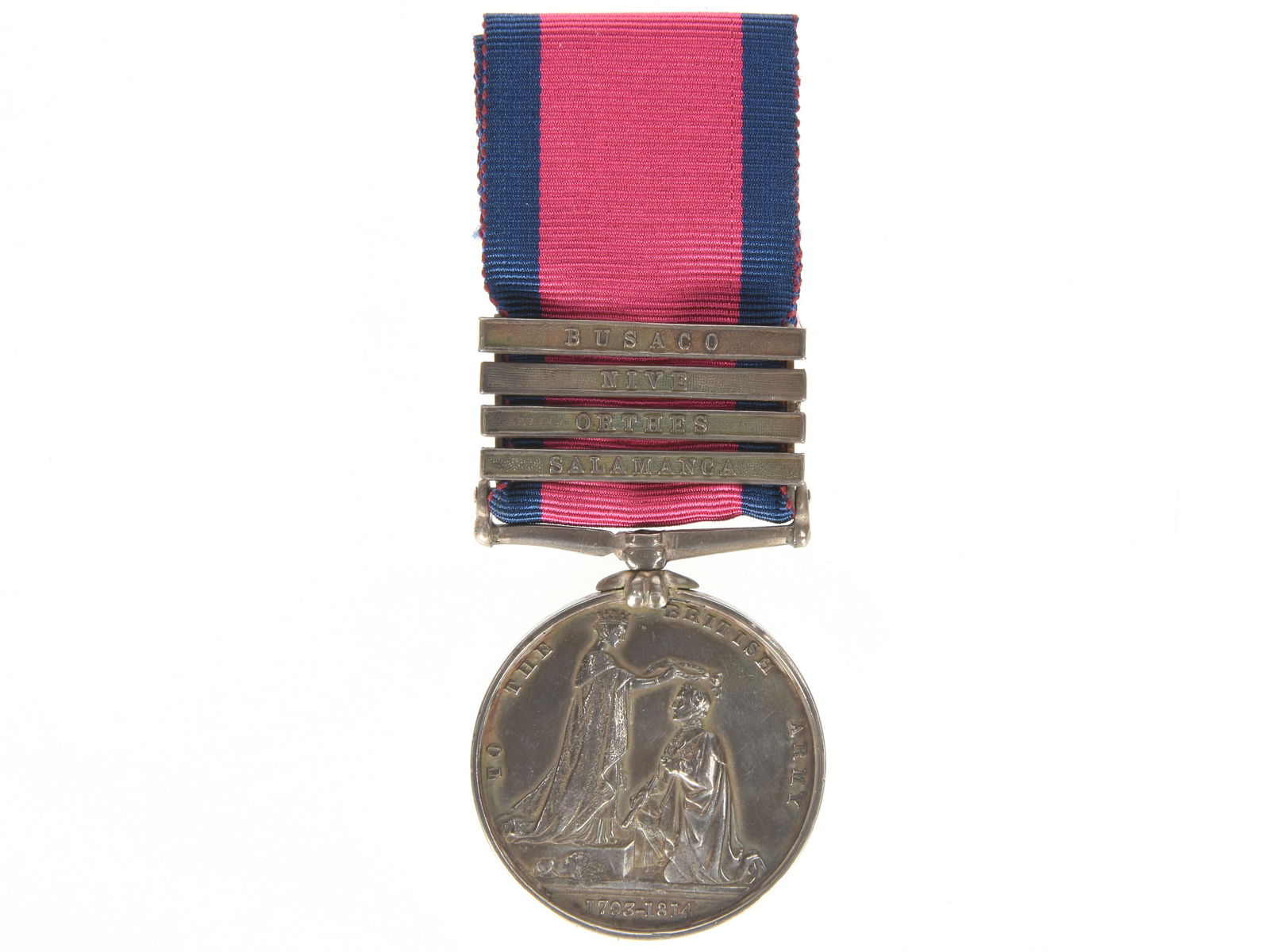 Military General Service Medal (1793-1814): Unnamed: Military General Service Medal (1793-1814): Unnamed British Military General Service campaign medal with 4 bars/clasps being "BUSACO", "NIVE", ORTHES" and "SALAMANCA". Medal is unnamed. Medal exhibits