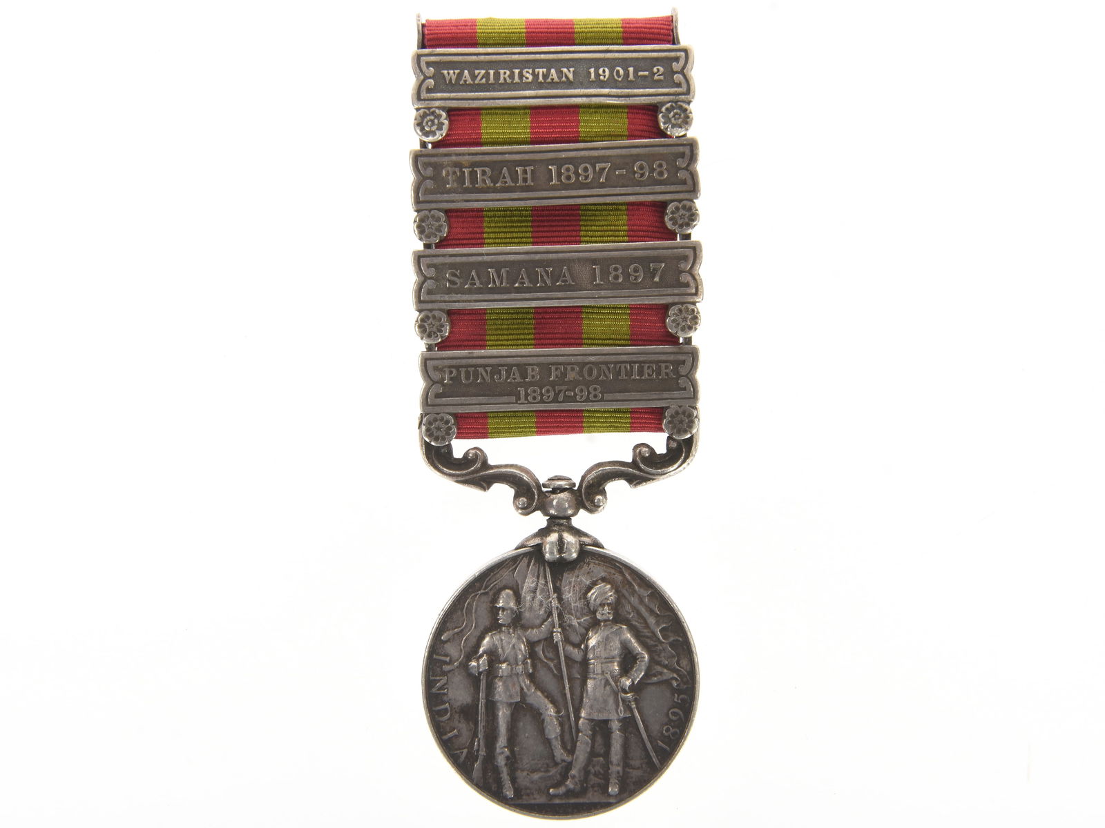 India General Service Medal (1895)-36th Sikh Regiment: India General Service Medal (1895)-36th Sikh Regiment British India General Service Medal -1895 with 4 clasps/bars being "PUNJAB FRONTIER 1897-98", "SAMANA 1897", "TIRAH 1897-98", and "WAZIRISTAN 1901