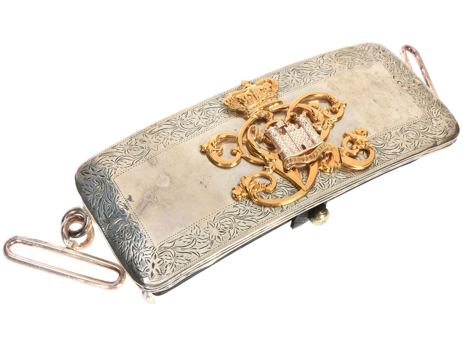 Victorian Officer's Silver Dress Belt Pouch: Inniskilling Regiment: Victorian Officer's Silver Dress Belt Pouch: Inniskilling Regiment. Silver officer's dress belt pouch measuring 2.6" x 6.75". Box is leather with complete front being silver with center portion presen