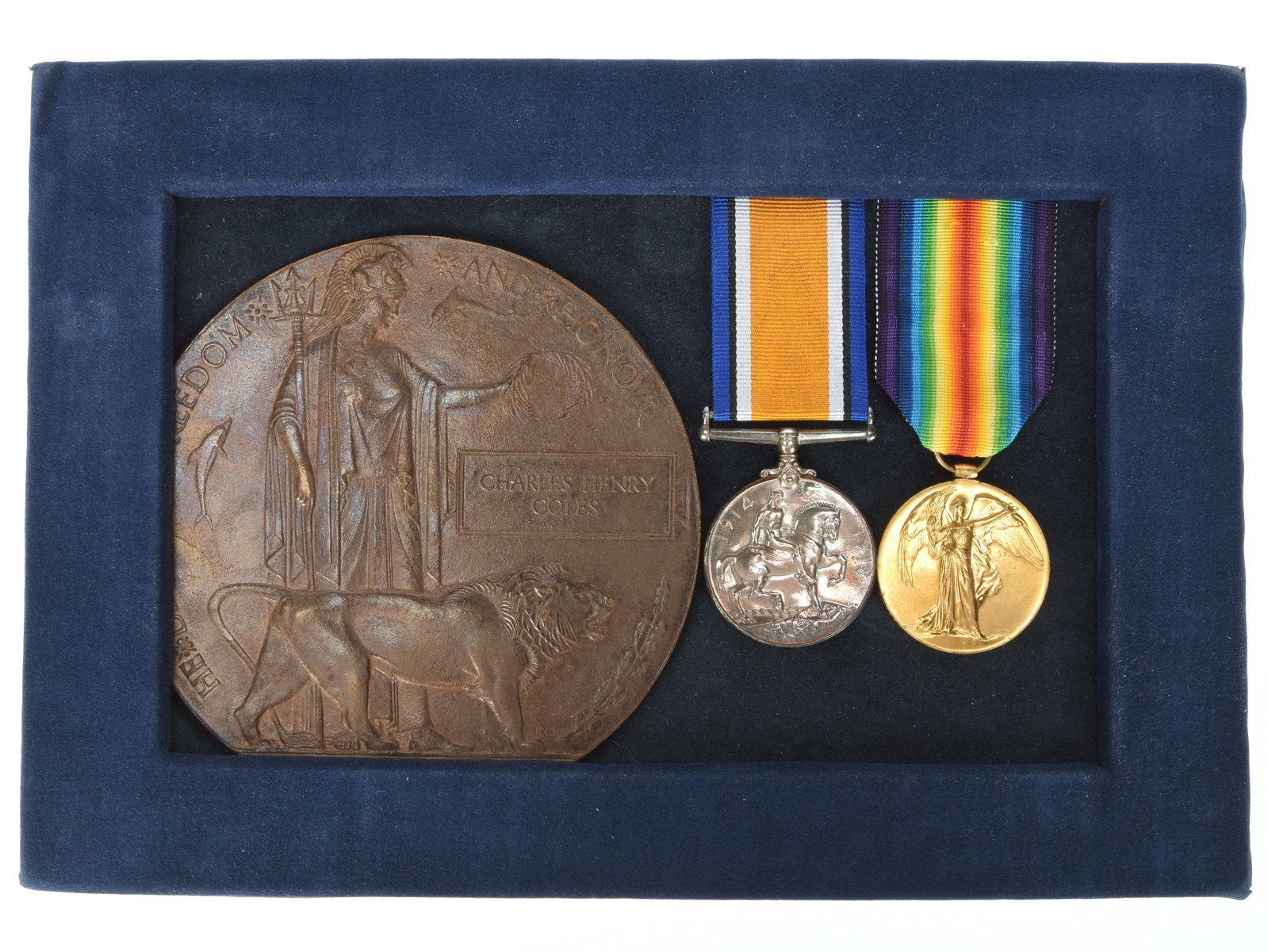 British WWI Royal Warwickshire Regiment Soldier's Medal Pair & Memorial Plaque: Charles Henry Coles: British WWI Royal Warwickshire Regiment Soldier's Medal Pair & Memorial Plaque: Charles Henry Coles British War Medal and Victory Medal to Charles Henry Coles of the Royal Warwickshire Regiment, 1ST C