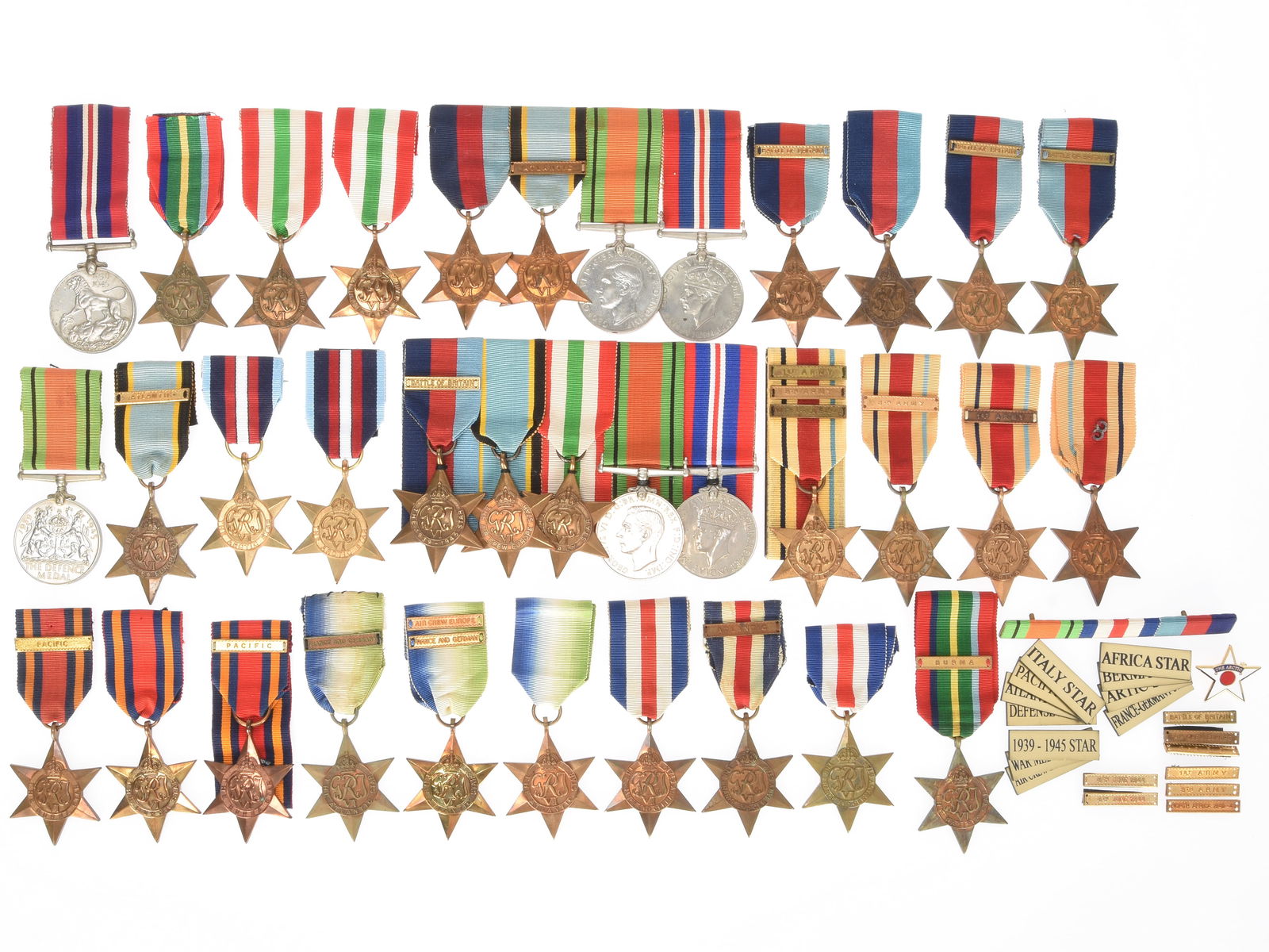 Collection of British World War II Star and Other Medals: Collection of British World War II Star and Other Medals Large collection of British World War II star and other medals including: 1.) British 5-medal parade mounted set of medals which include: a.) T