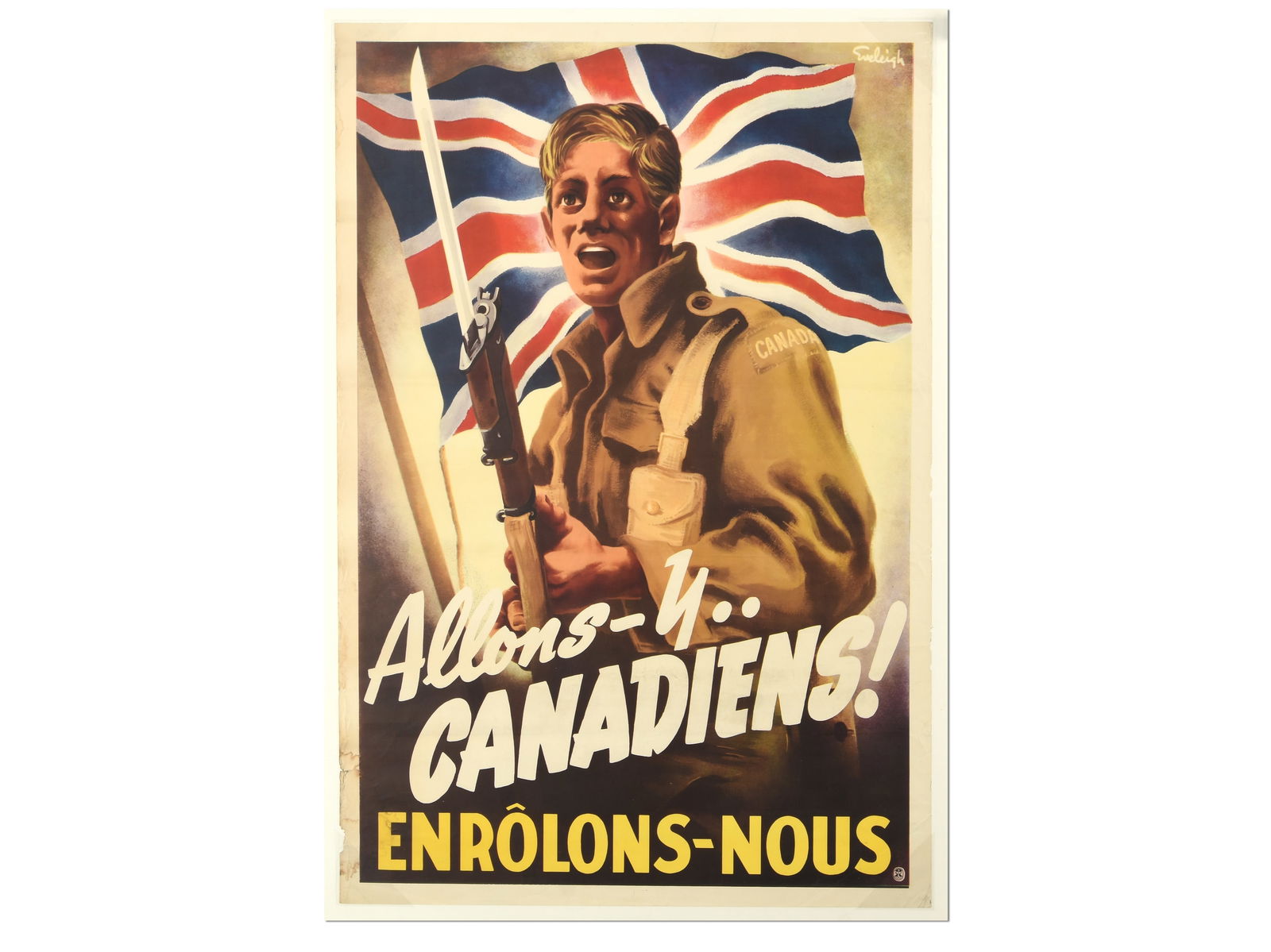 Original WWII Canadian Recruiting Poster: "Allons-y... CANADIENS! ENROLONS-NOUS", by Henry Eveleigh: Original WWII Canadian Recruiting Poster: "Allons-y... CANADIENS! ENROLONS-NOUS", by Henry Eveleigh Description: A striking original Canadian propaganda and recruitment poster from the Second World Wa