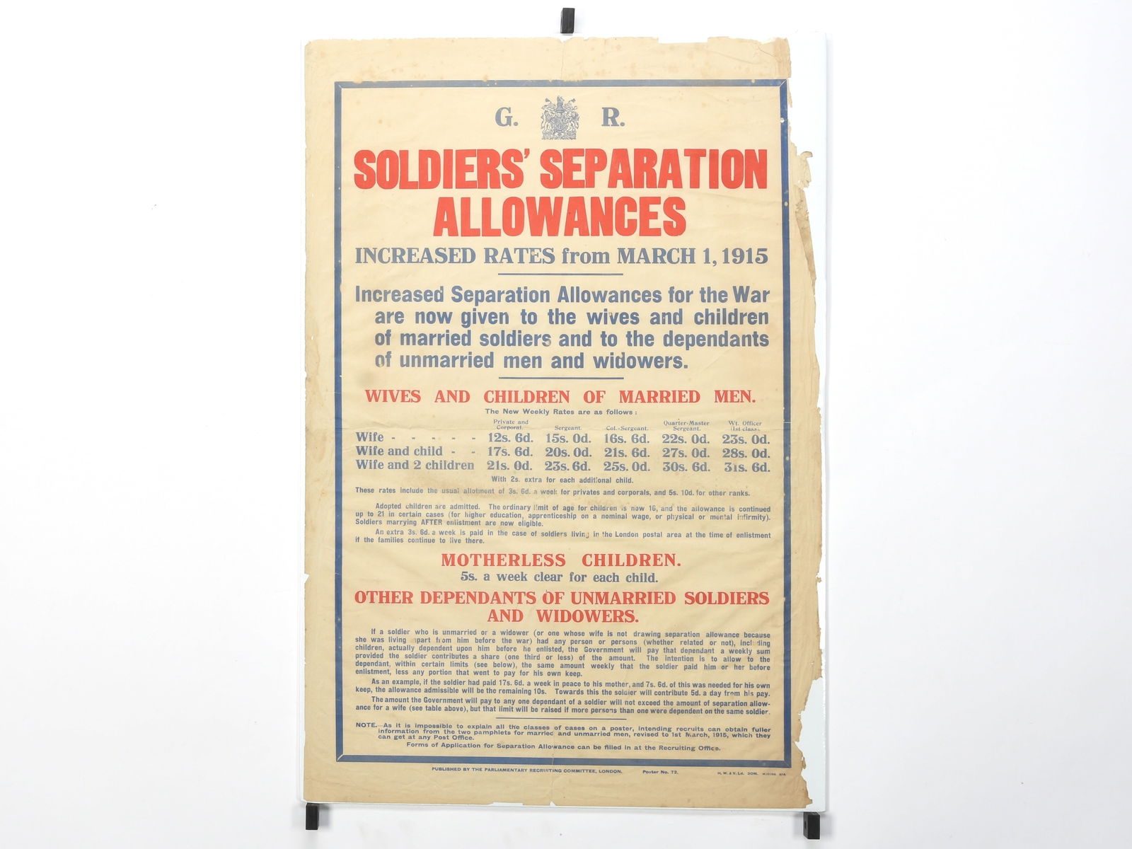 "Soldiers' Separation Allowances" Original WW1 British Poster, PRC No. 72 (1 of 2)