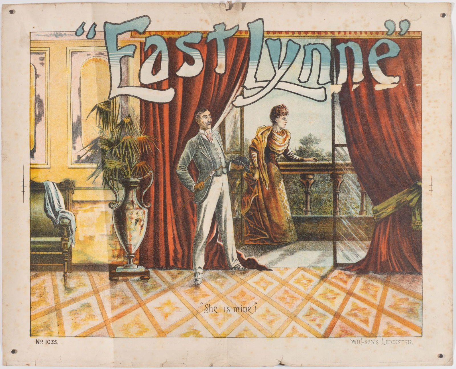 "East Lynne" Victorian Theatrical Lithograph Poster, 2 Posters: "East Lynne" Victorian Theatrical Lithograph Poster, 2 Posters Description: This is an original color lithograph theatrical 'stock' poster for the play "East Lynne," which was one of the most popular