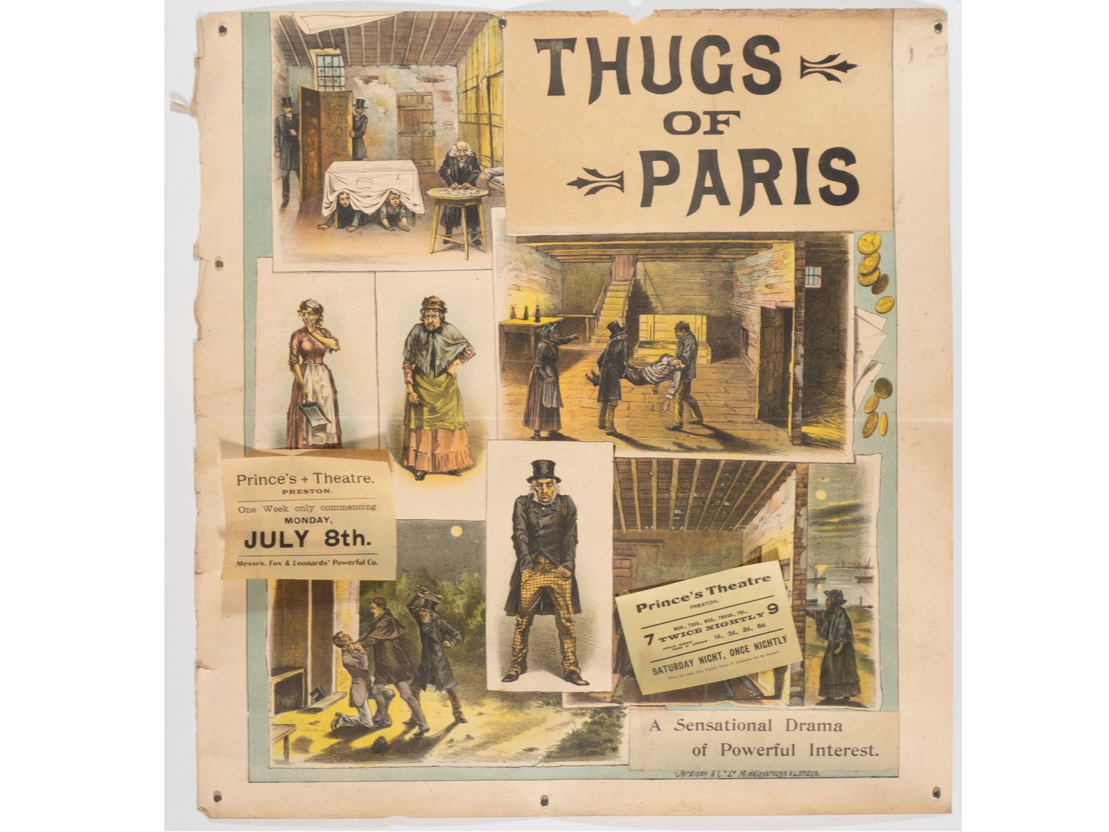 Victorian Theatrical Poster for 'Thugs of Paris': Victorian Theatrical Poster for 'Thugs of Paris' Description: A classic 19th-century 'sensational drama' theatrical poster for the play 'Thugs of Paris.' The poster features multiple chromolithographi