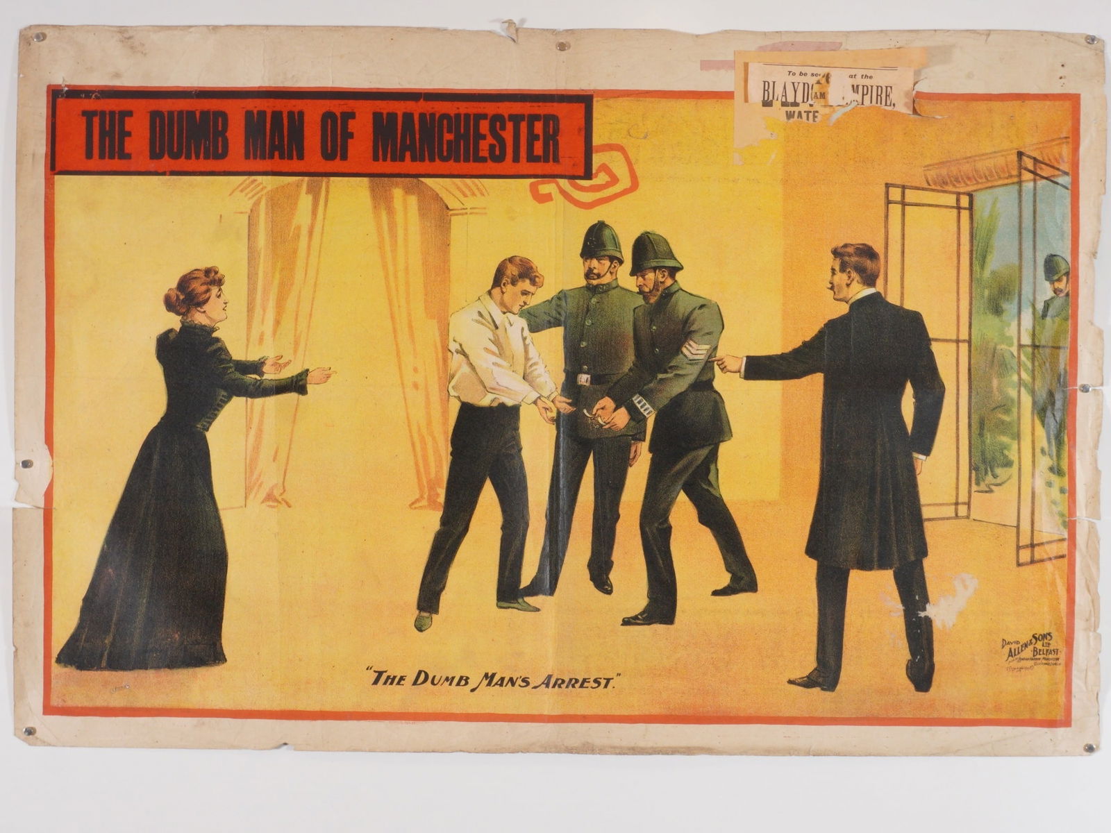 "The Dumb Man of Manchester" Edwardian Theater Poster: "The Dumb Man of Manchester" Edwardian Theater Poster Description: This is an original stone lithograph theatrical poster for the Victorian melodrama 'The Dumb Man of Manchester,' a play written by B.