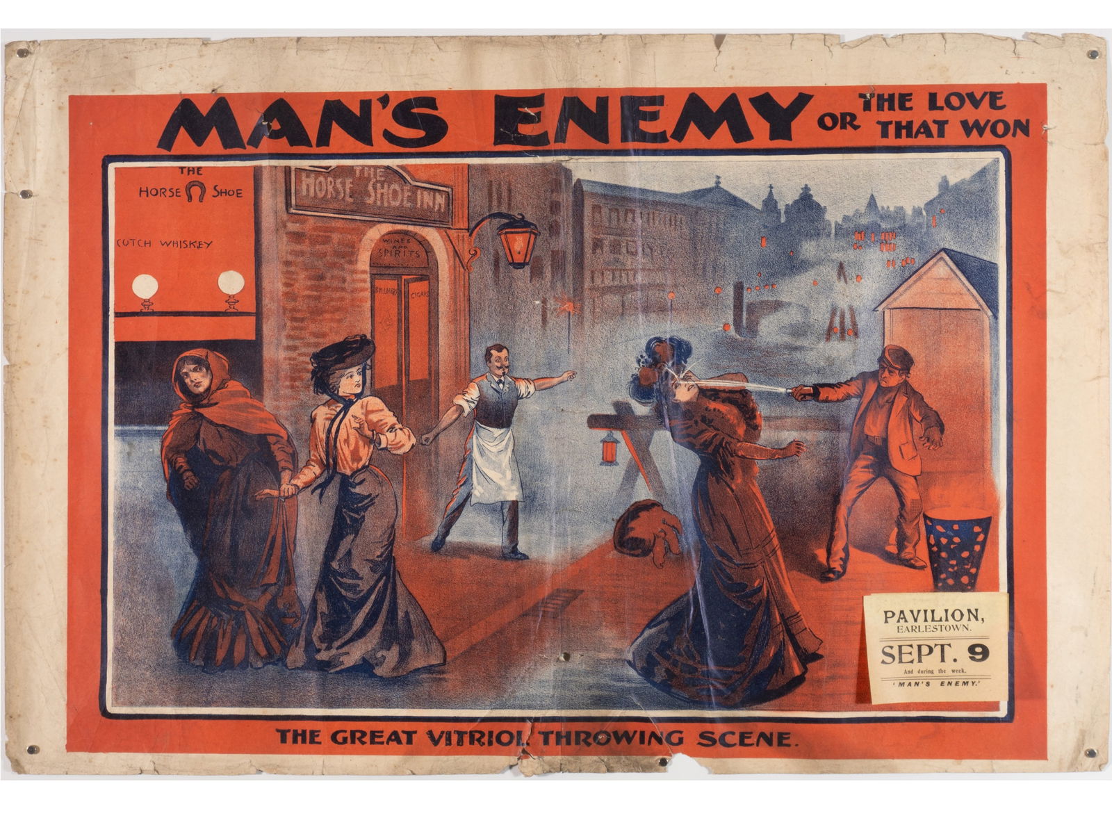 Edwardian Melodrama Poster: Man's Enemy or The Love That Won: Edwardian Melodrama Poster: Man's Enemy or The Love That Won Description: An original lithographic theatrical poster for the melodrama 'Man's Enemy; Or, The Love That Won,' written by Charles A. Longd