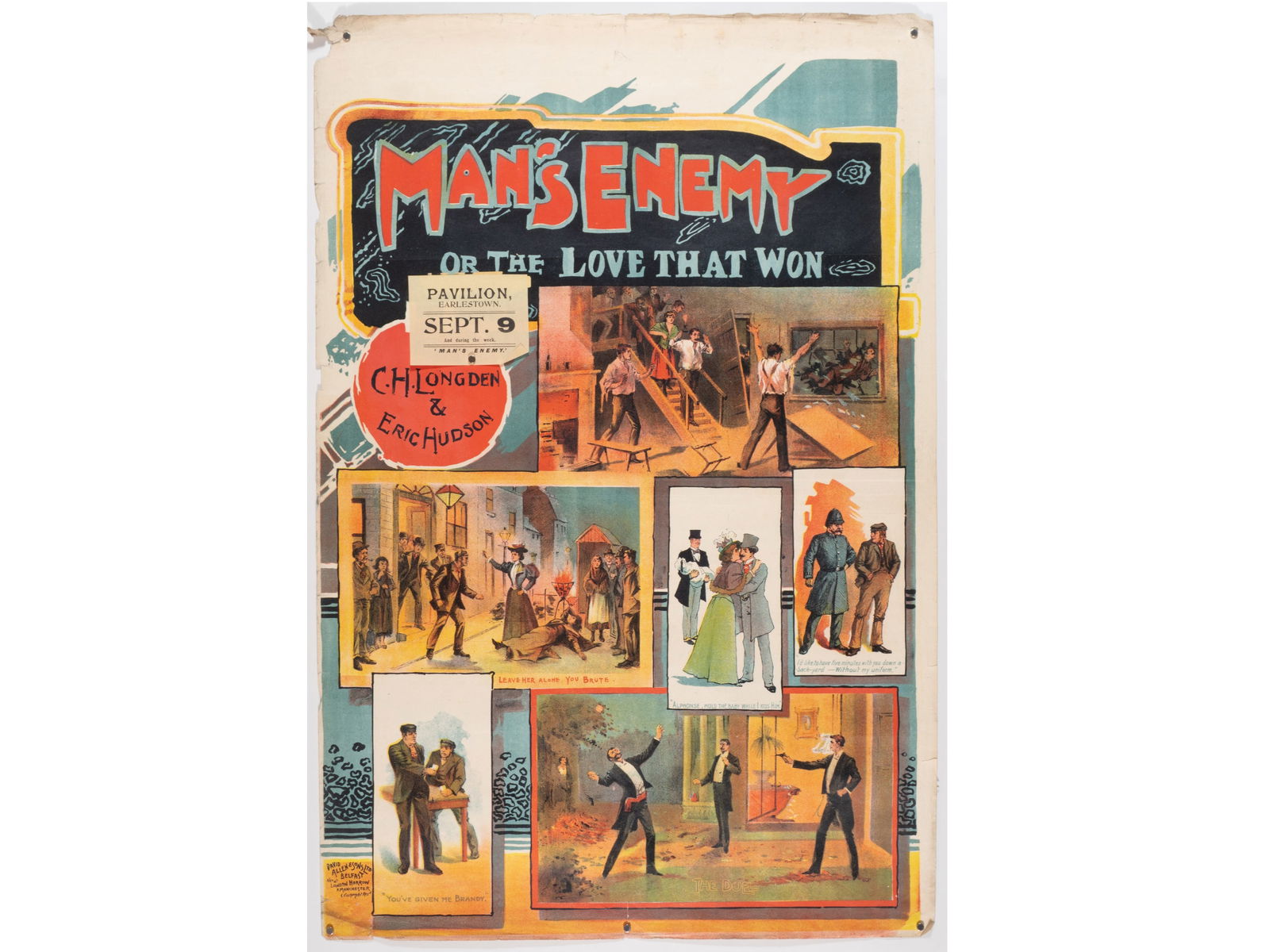 Edwardian "Man's Enemy or The Love That Won" Theatrical Poster: Edwardian "Man's Enemy or The Love That Won" Theatrical Poster Description: This is an original color lithograph theatrical 'stock' poster for the popular melodrama 'Man's Enemy or The Love That Won,'