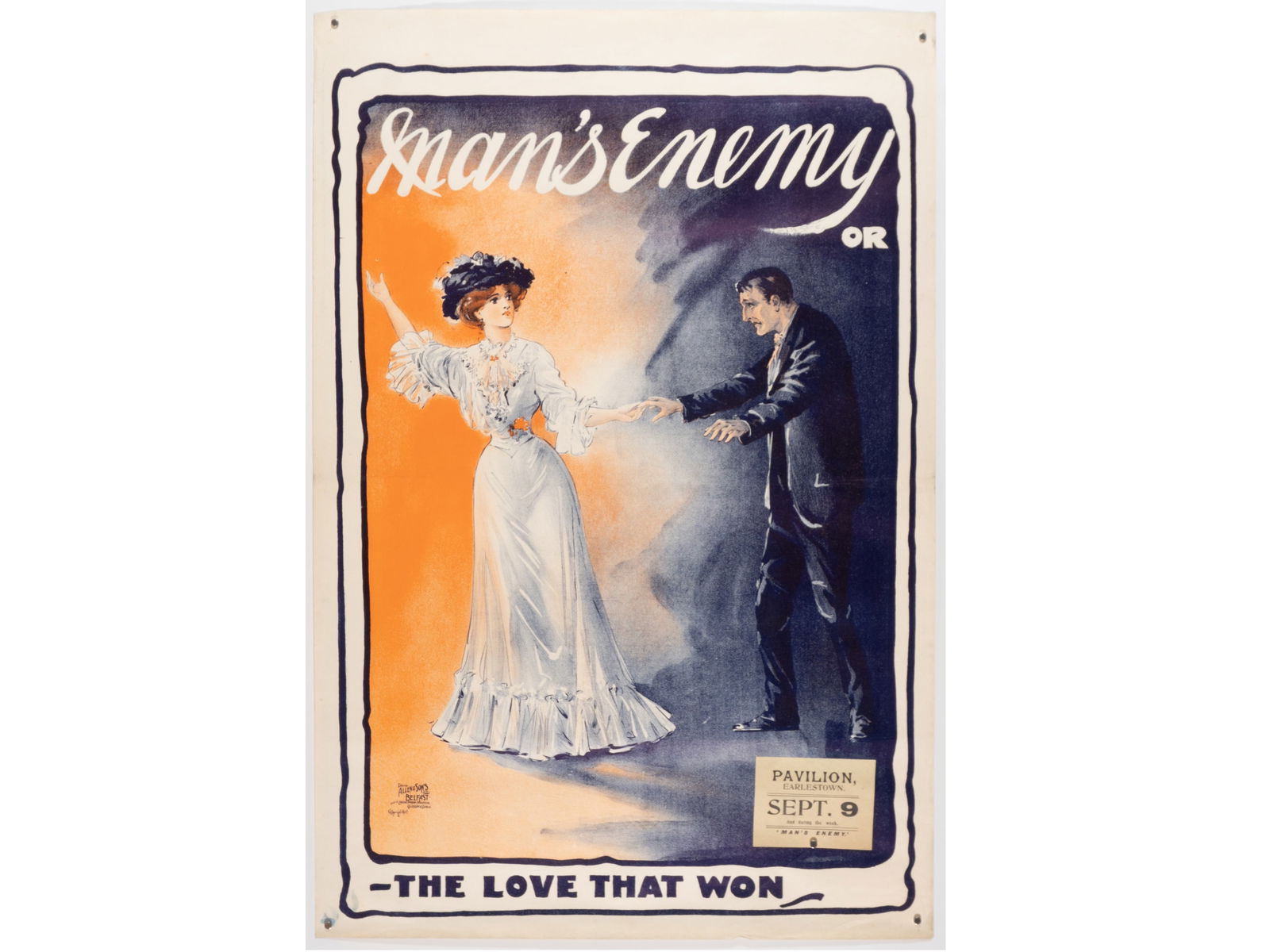"Man's Enemy (The Love That Won)" Edwardian Theatrical Poster: "Man's Enemy (The Love That Won)" Edwardian Theatrical Poster Description: A vibrant chromolithographic theatrical poster for the play 'Man's Enemy' (alternatively titled 'The Love That Won'), a popul