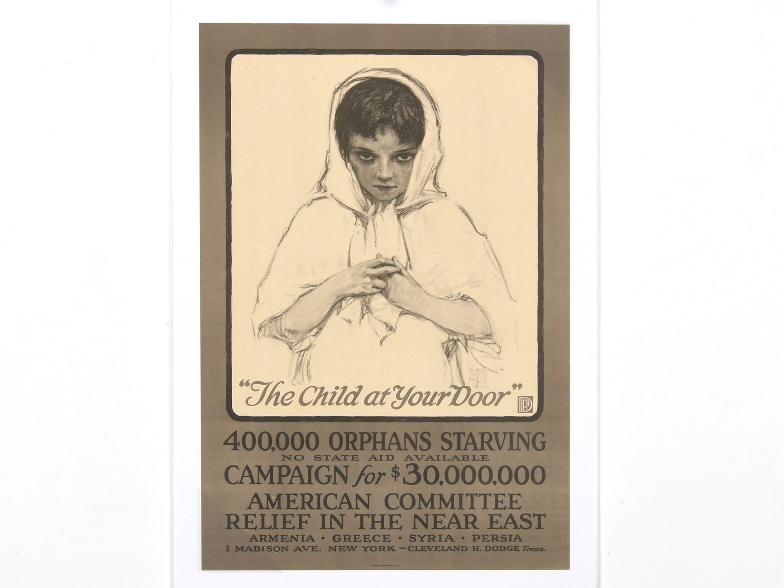 "The Child at Your Door" Relief Poster: "The Child at Your Door" Relief Poster Description: This poignant lithographic poster, titled "The Child at Your Door," was commissioned by the American Committee for Relief in the Near East (ACRNE),