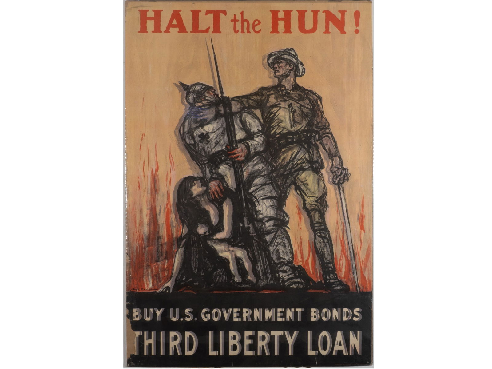 "Halt the Hun" Original WWI US Liberty Loan Poster, by Henry Raleigh: "Halt the Hun" Original WWI US Liberty Loan Poster, by Henry Raleigh XXX Description: This iconic World War I propaganda poster, titled "Halt the Hun!", was created by Henry Patrick Raleigh (1880–19
