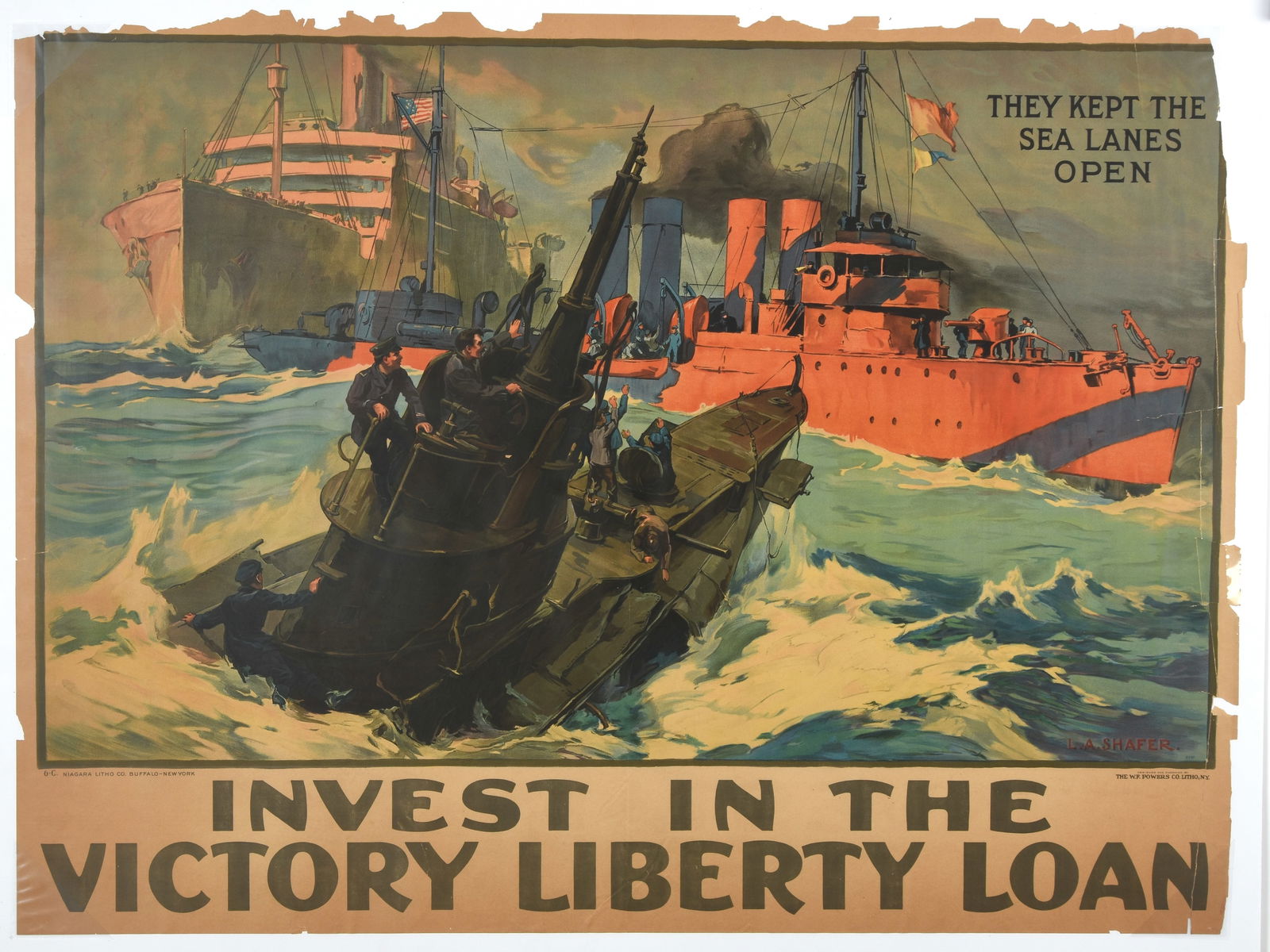 "They Kept the Sea Lanes Open" Victory Liberty Loan WWI Poster: "They Kept the Sea Lanes Open" Victory Liberty Loan WWI Poster Description: An original World War I propaganda poster designed by maritime artist Leon Alaric Shafer (1866–1940) for the 1919 Victory