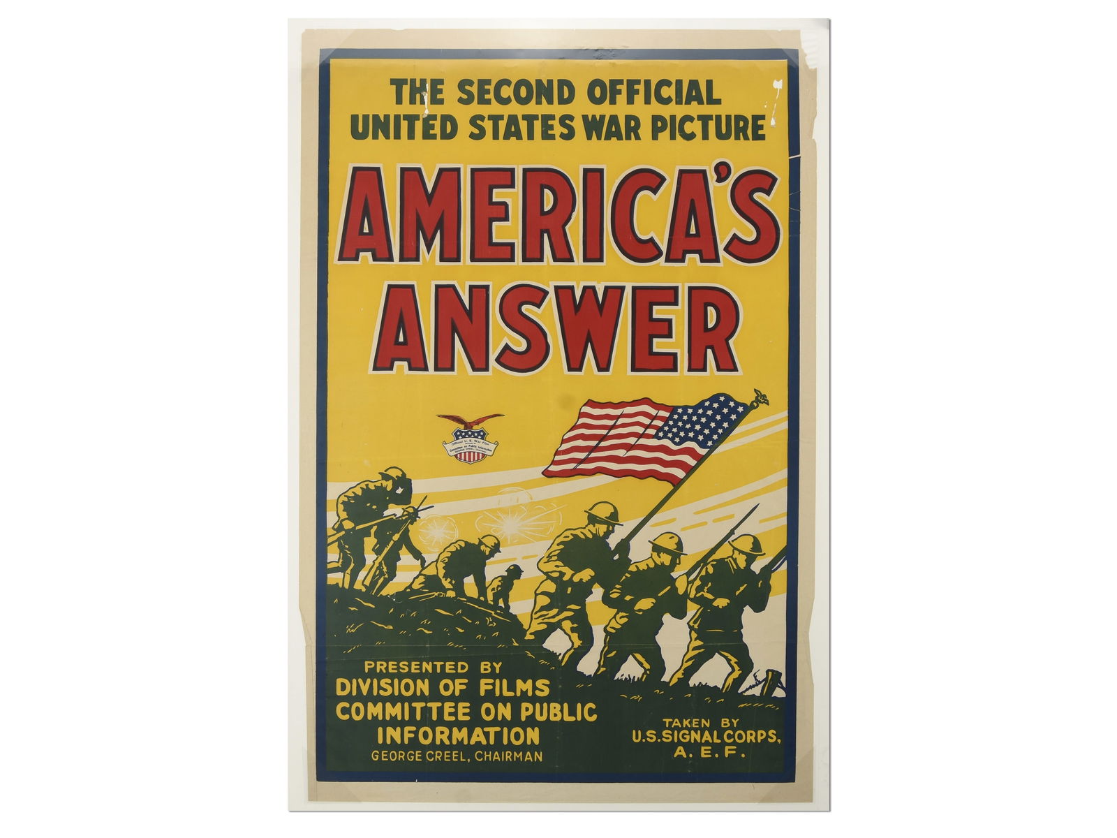 "America's Answer" World War I Propaganda Film Poster: "America's Answer" World War I Propaganda Film Poster Description: This is an original World War I propaganda poster advertising the documentary film 'America's Answer,' which was billed as 'The Secon