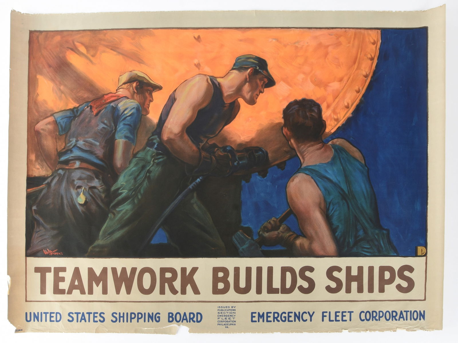 "Teamwork Builds Ships" Original WWI US Propaganda Poster, by William Dodge Stevens (1 of 3)