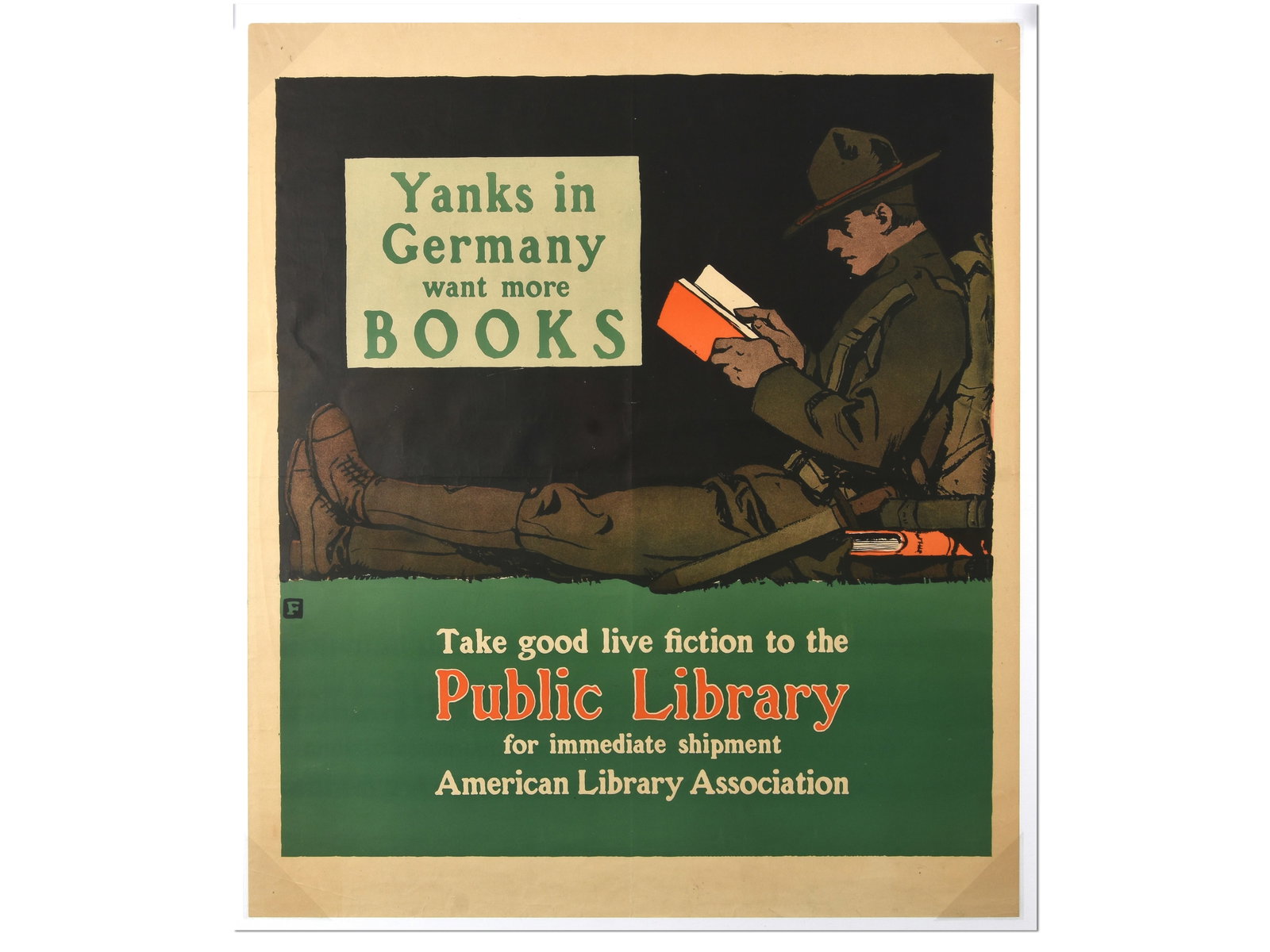 "Yanks in Germany want more BOOKS" WWI Propaganda Poster: "Yanks in Germany want more BOOKS" WWI Propaganda Poster Description: This is an original World War I-era recruitment/donation poster designed by the renowned American illustrator Charles Buckles Fall