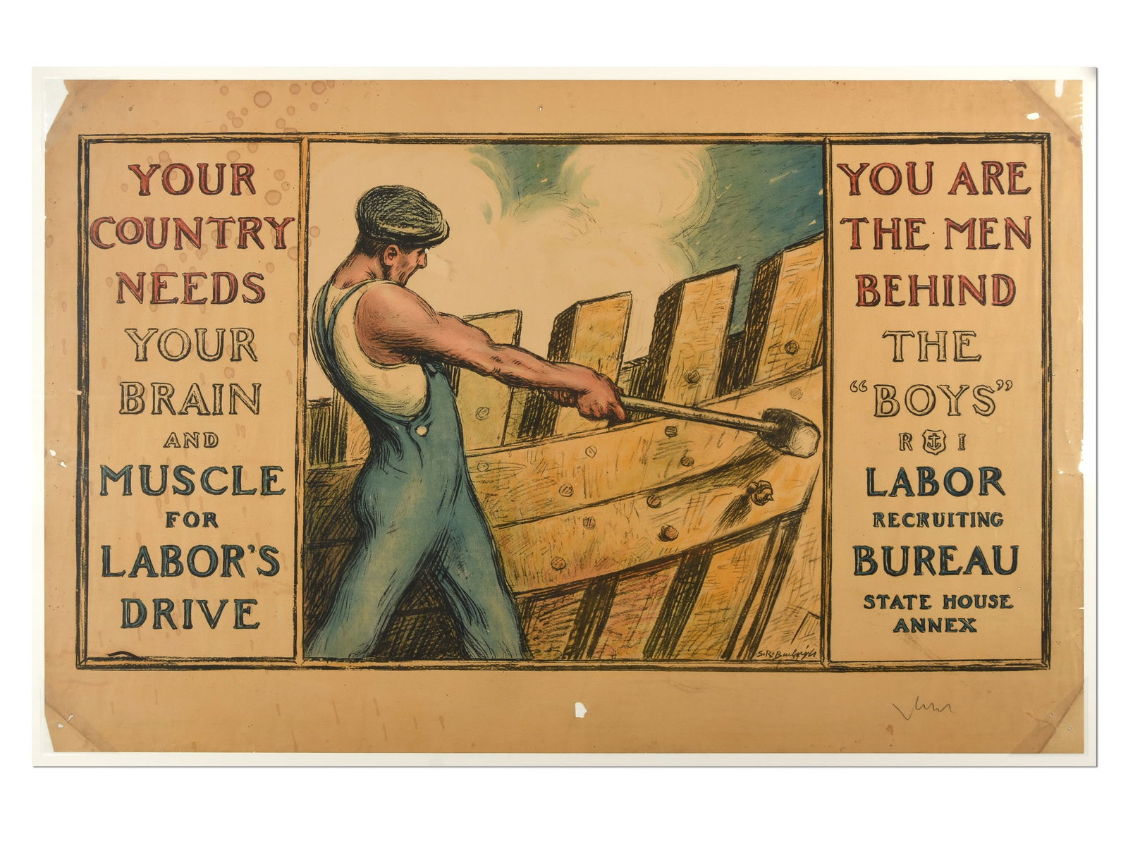 WWI Rhode Island Labor Recruiting Poster: 'Your Country Needs Your Brain and Muscle': WWI Rhode Island Labor Recruiting Poster: 'Your Country Needs Your Brain and Muscle' Description: This is an original World War I era home-front propaganda poster designed by the noted Rhode Island ar