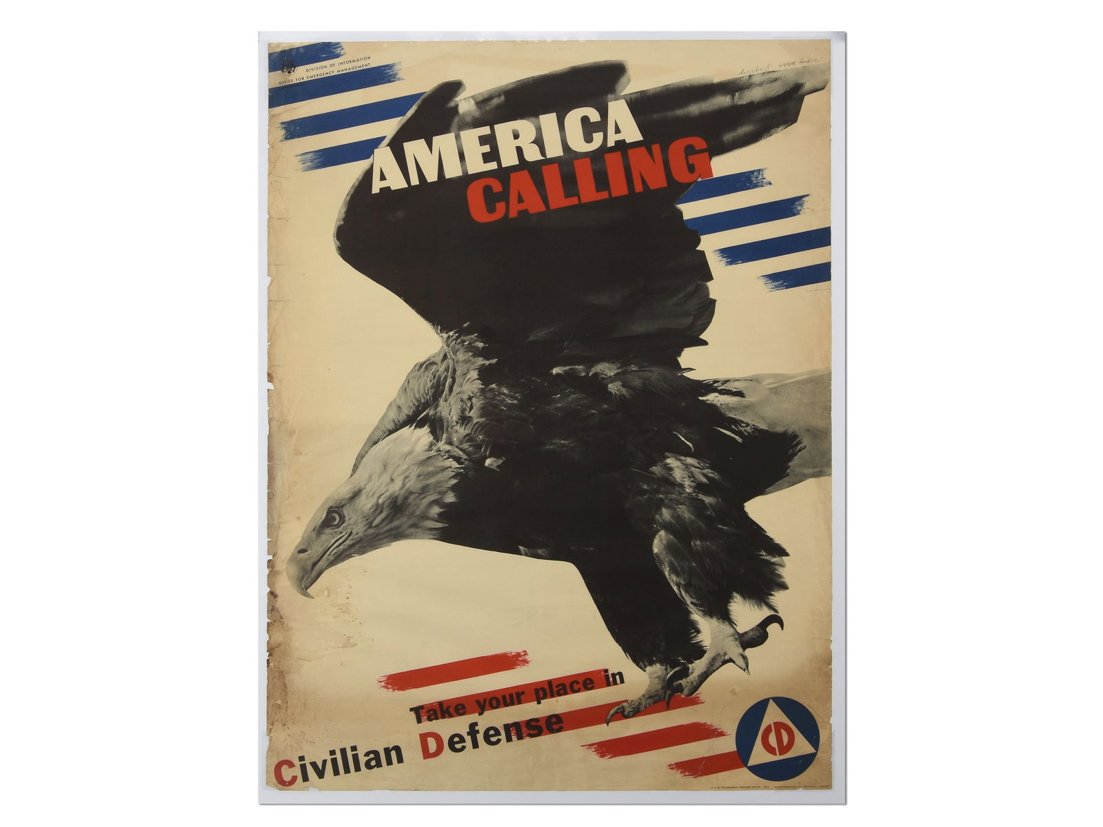 America Calling / Take your place in Civilian Defense Poster: America Calling / Take your place in Civilian Defense Poster Description: An iconic original World War II recruitment poster for the Office of Civilian Defense. The design is a pioneering example of m