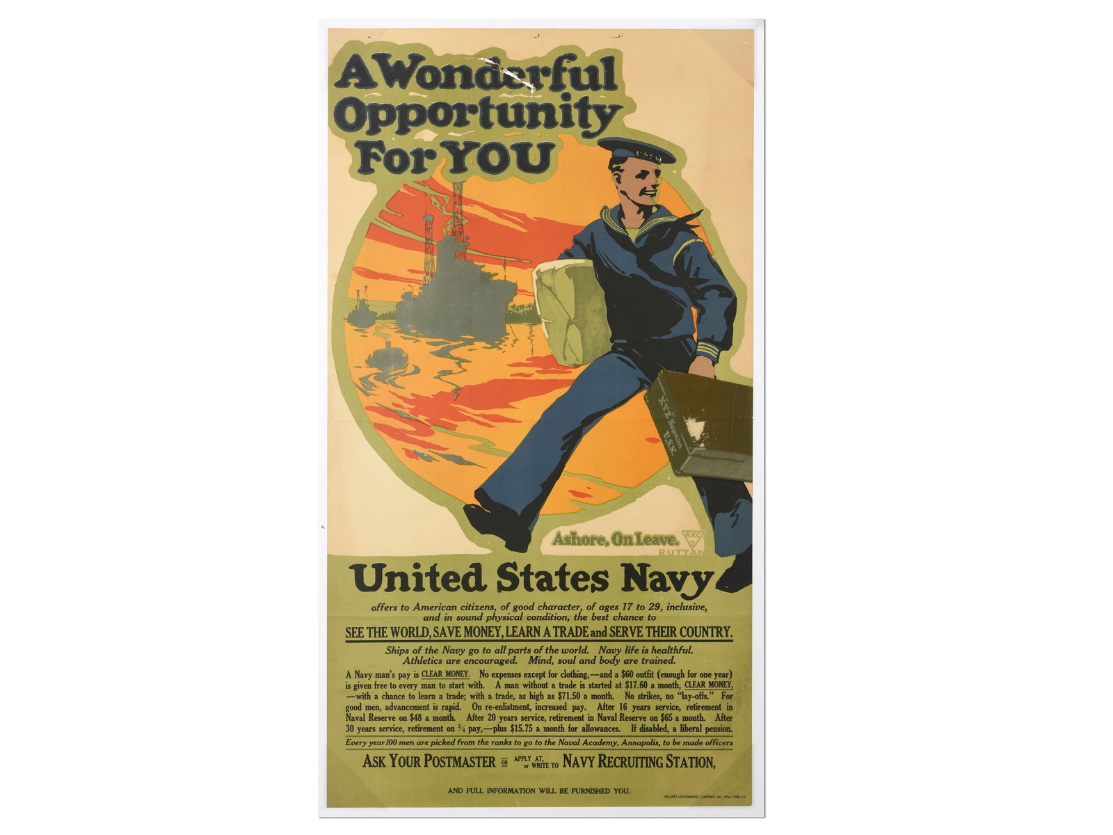 "A Wonderful Opportunity For YOU" WWI U.S. Navy Recruiting Poster: "A Wonderful Opportunity For YOU" WWI U.S. Navy Recruiting Poster Description: An original World War I-era United States Navy recruitment lithograph poster created by artist Charles Edwin Ruttan. The