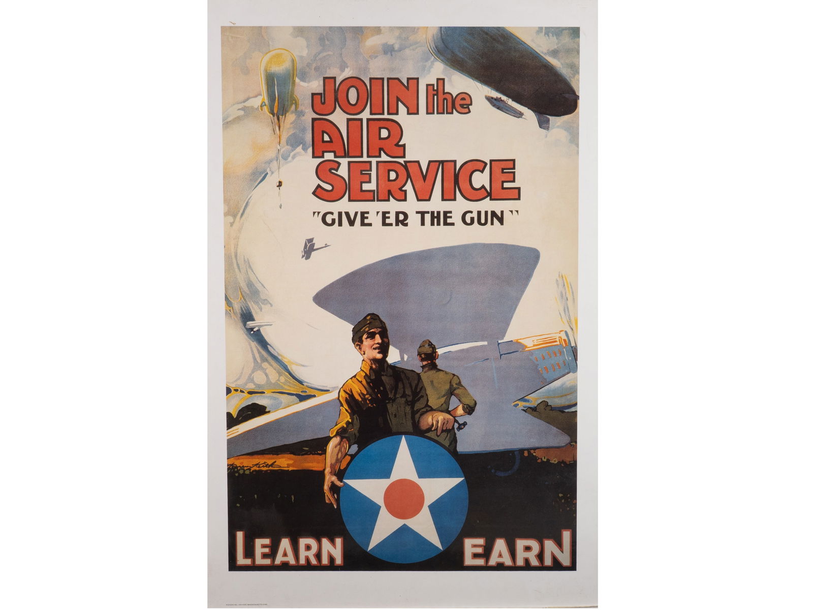 Join the Air Service 'Give 'er the Gun' Recruitment Poster (Reproduction): Join the Air Service 'Give 'er the Gun' Recruitment Poster (Reproduction) Description: This piece is a high-quality historical reproduction of the iconic World War I recruitment poster for the United