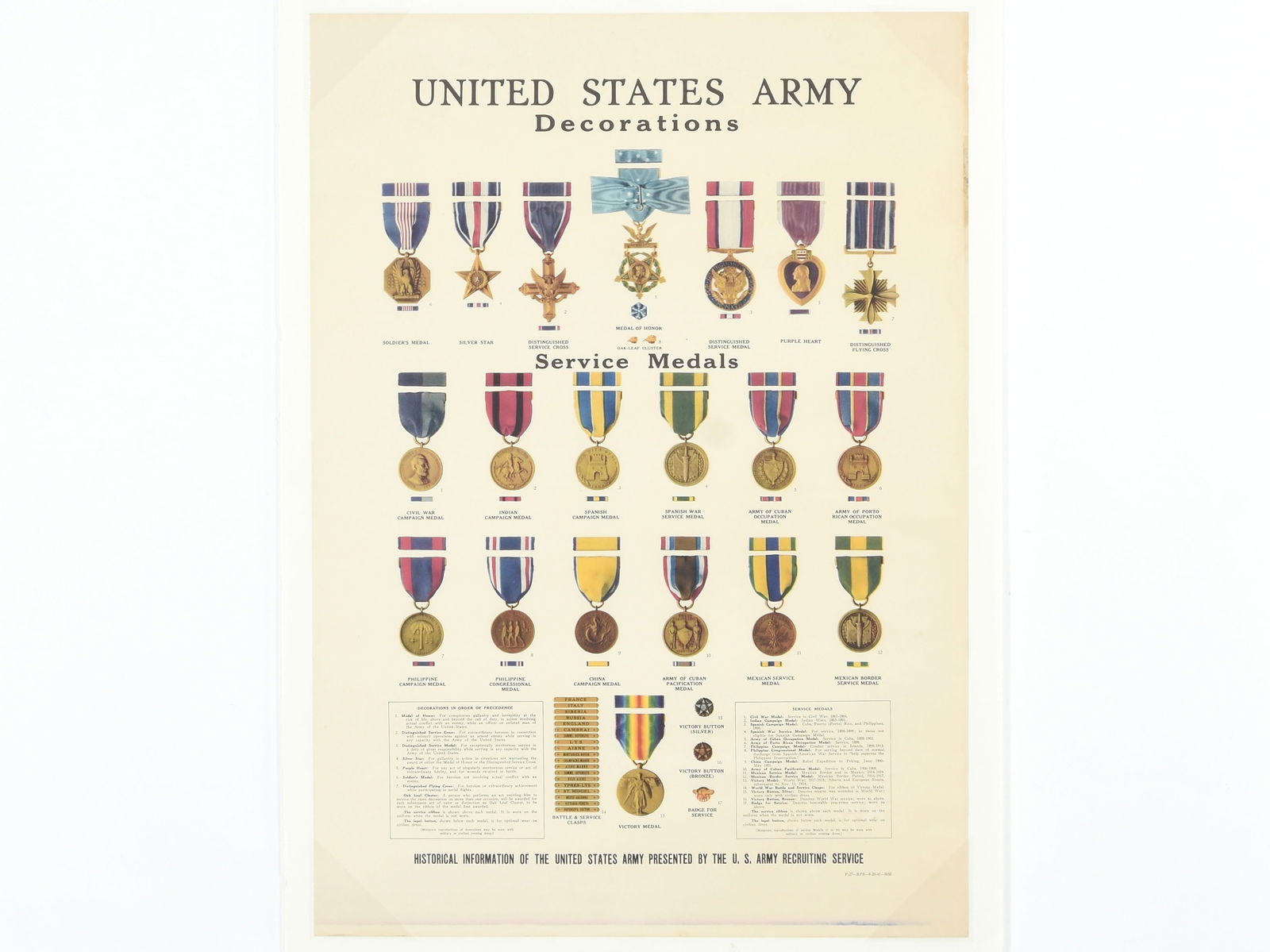 United States Army Decorations and Service Medals Recruitment Poster: United States Army Decorations and Service Medals Recruitment Poster Description: This original World War II-era poster was produced by the U.S. Army Recruiting Service to educate potential recruits a