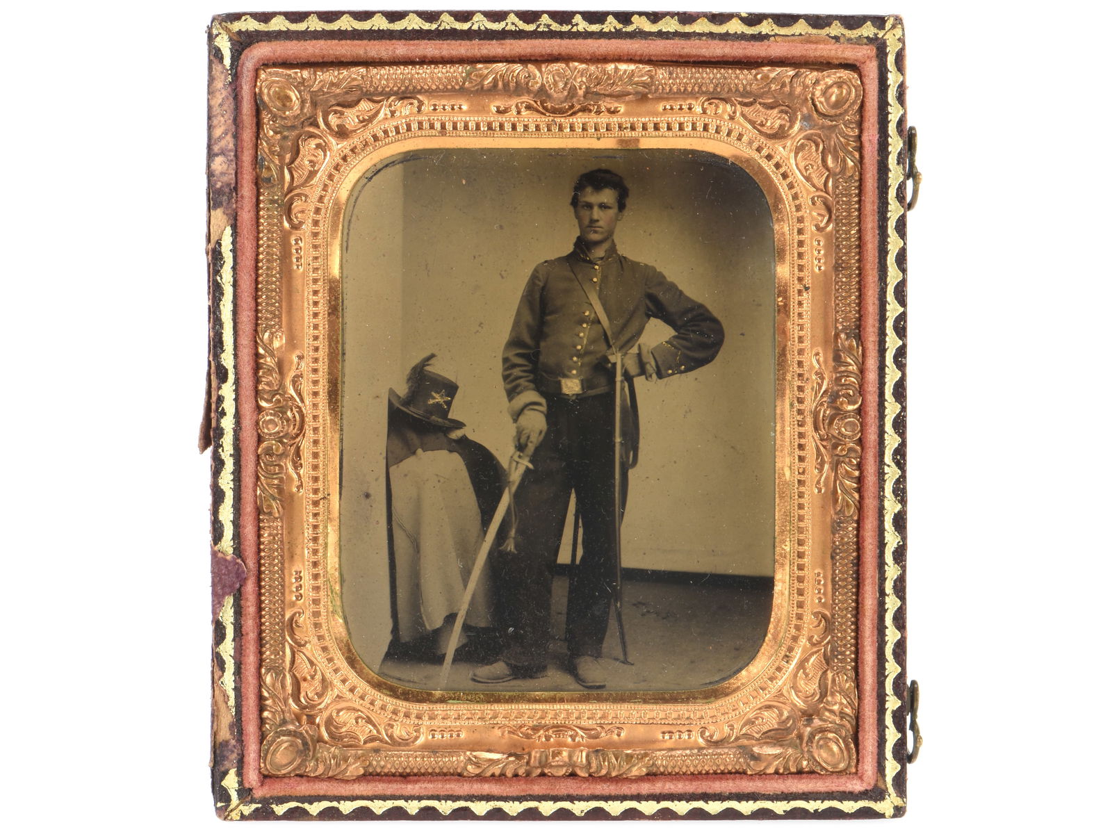 Sixth Plate Tintype of a Jaunty Union Army Cavalryman Posing with Saber and Hardee Hat (1 of 6)