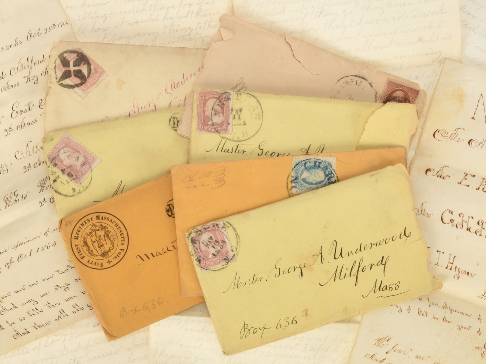 Civil War 51st Massachusetts Infantry Letter Lot: Civil War 51st Massachusetts Infantry Letter Lot. Includes a bundle of seven covers with letters in pencil dating from from May 1863, and one from November. They are all from A.E. Underwood to his son