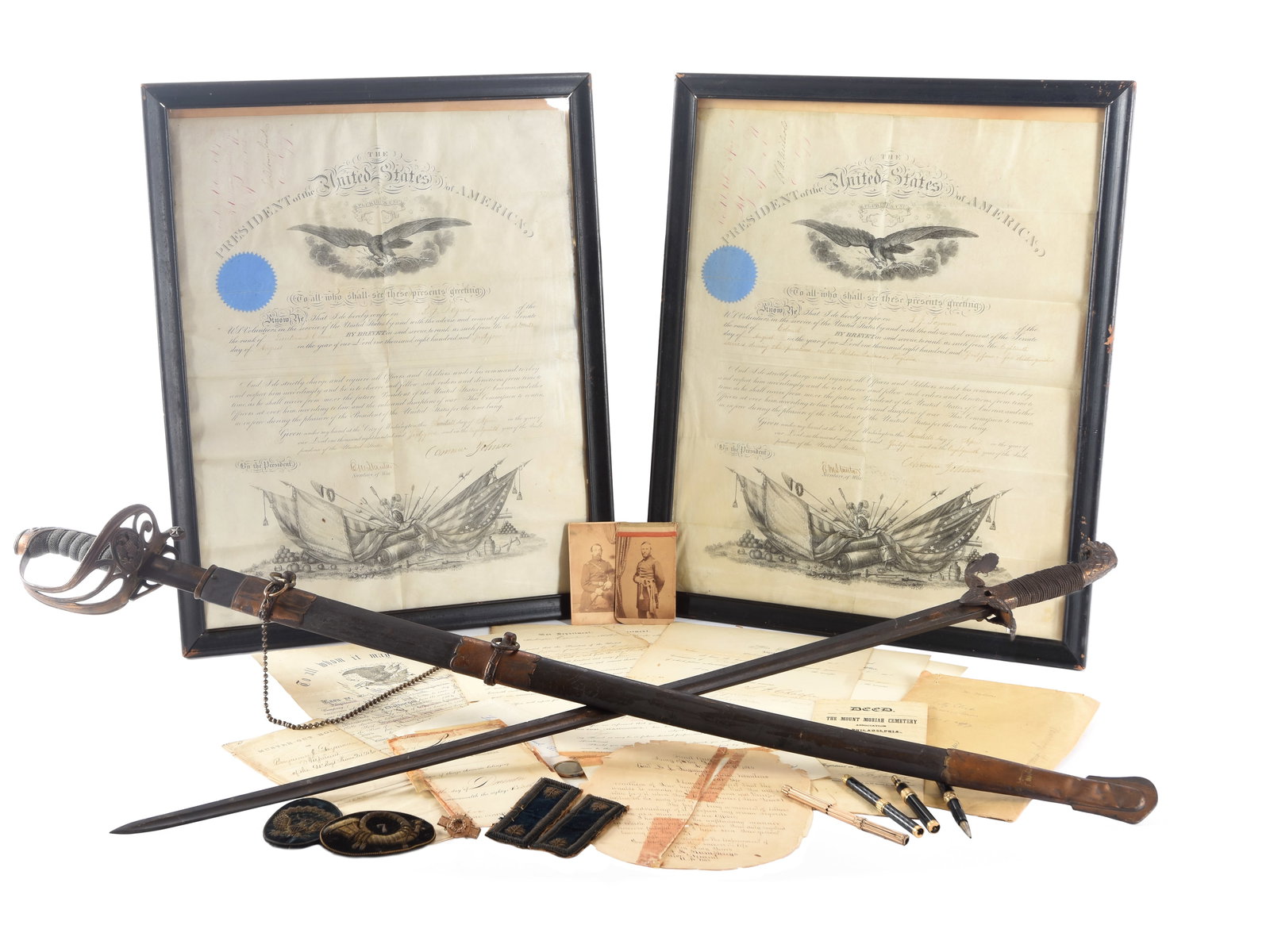 91st Pennsylvania Volunteer Infantry Signed Documents, Insignia, and Swords Group - 1st Lieutenant: 91st Pennsylvania Volunteer Infantry Swords and Signed Documents Group - 1st Lieutenant / Adjutant Benjamin J. Tayman A group of items from 1st Lieutenant Benjamin J. Tayman, Adjutant of the 91st Penn