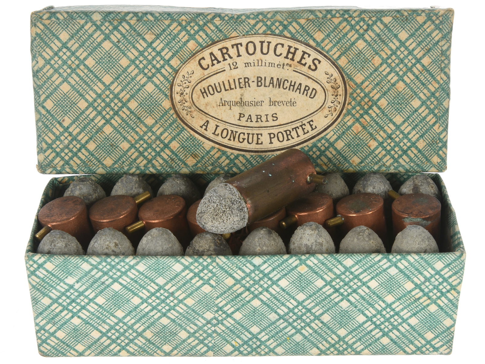 French 12mm Lefaucheux Pinfire Revolver Cartridges In Original Box: French 12mm Lefaucheux Pinfire Revolver Cartridges In Original Box. Opened but complete commercial box of 12mm pinfire cartridges, labeled “Cartouches 12 millimètres Houllier-Blanchard, Arquebusier